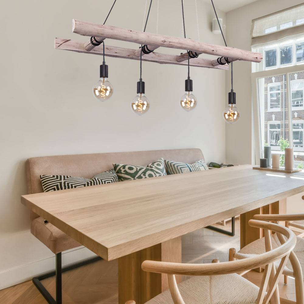 Pendelleuchte Holzbalken Hängelampe Retro Holz Esszimmerlampe hängend 4 Flammig, Leiter Optik, 4x E27, LxBxH 115 x 30 x 192 cm