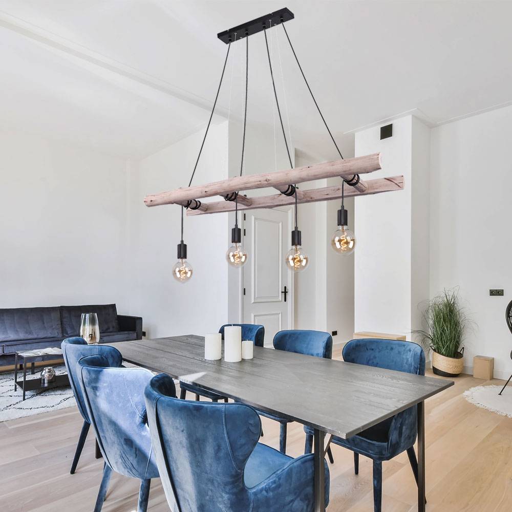 Pendelleuchte Holzbalken Hängelampe Retro Holz Esszimmerlampe hängend 4 Flammig, Leiter Optik, 4x E27, LxBxH 115 x 30 x 192 cm