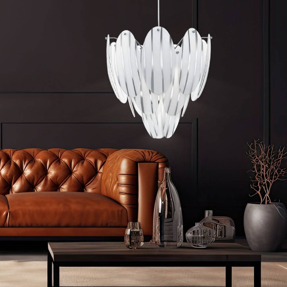 Hängelampe Glas weiß Pendelleuchte Esstisch Glas Wohnzimmerlampe hängend Modern, Schirm gestreift Stahl, 1x E27, DxH 39 x 110 cm