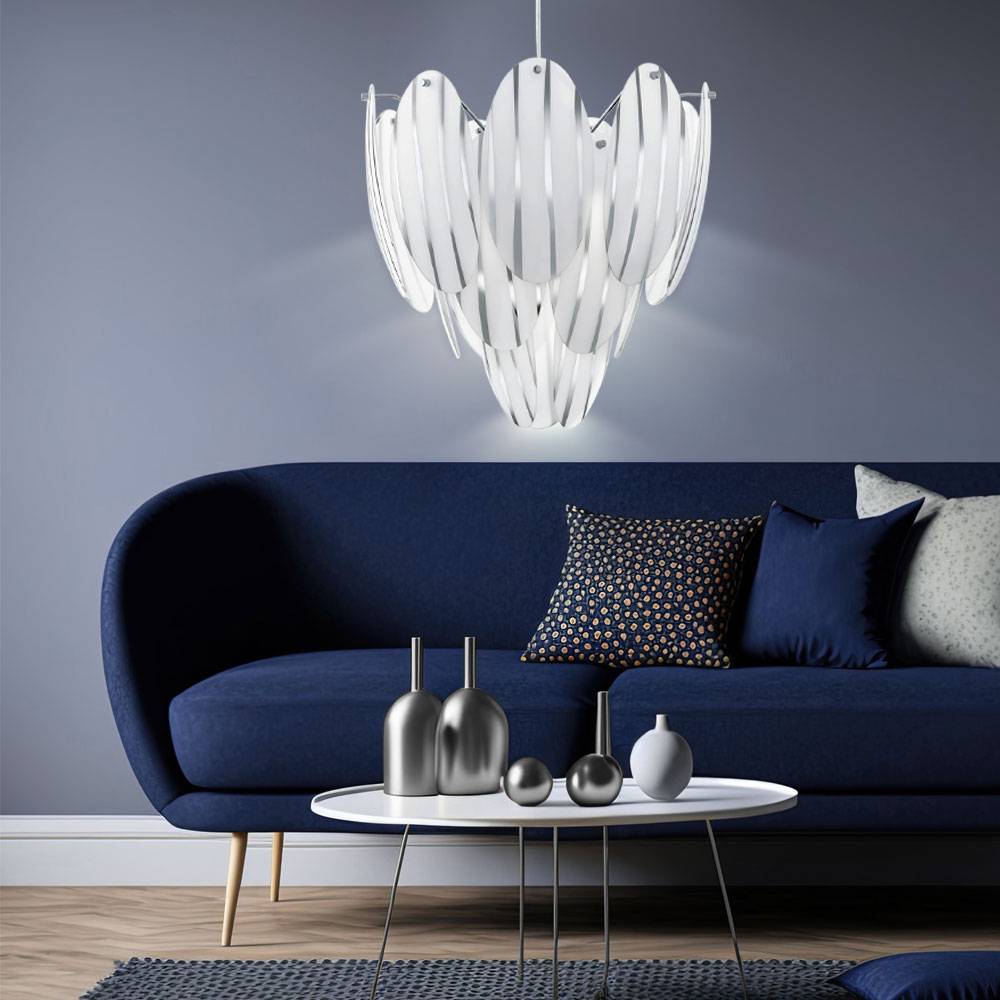 Hängelampe Glas weiß Pendelleuchte Esstisch Glas Wohnzimmerlampe hängend Modern, Schirm gestreift Stahl, 1x E27, DxH 39 x 110 cm