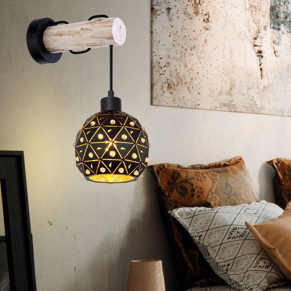 Wandleuchte Wandlampe Wohnraumleuchte Holz mit Kristallschirm in Kugelform, Schirm rund Balken, 1x E27, B x H x T 15x40x25 cm, Wohnzimmer