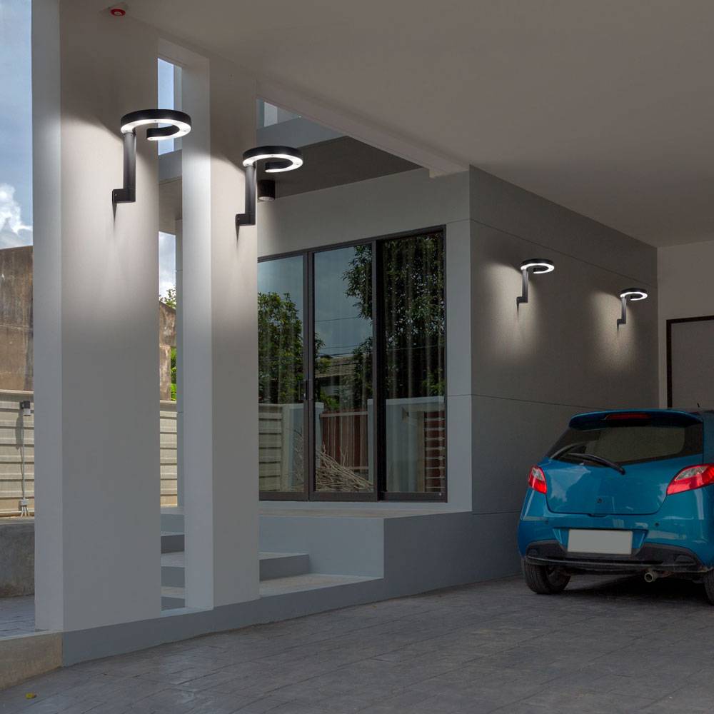 Wandleuchte Aussen LED Wandlampe Aluminium Kunststoff Leuchten Aussen satiniert grau, Ring-Design, 1x LED 6W 280Lm warmweiß, HxBxT 20x22x22,5 cm