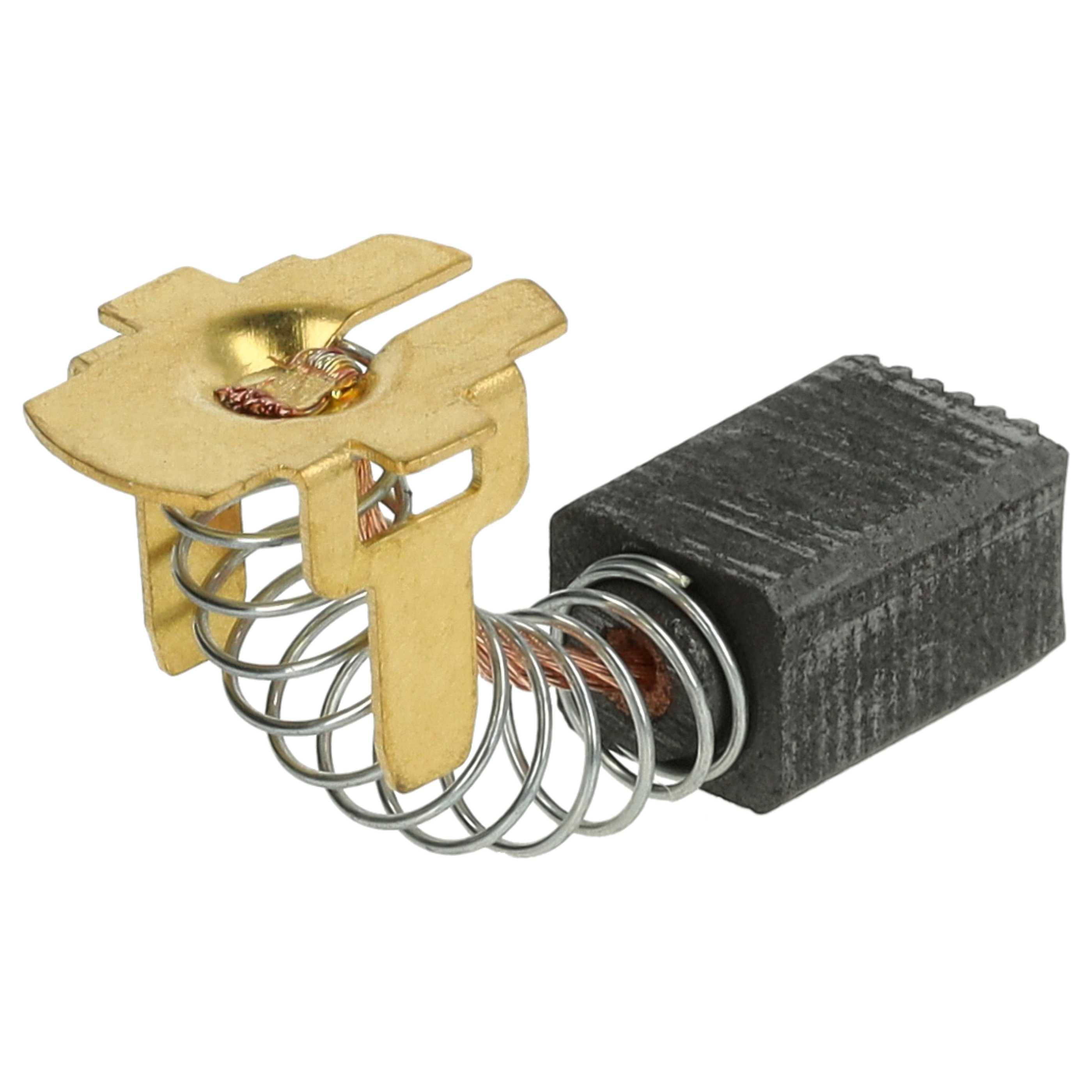 Eine kleine, aufgewickelte Metallfeder mit einem flachen, goldfarbenen Kopf, der an einer schwarzen Kohlebürste befestigt ist, wahrscheinlich in einem Elektromotor verwendet.