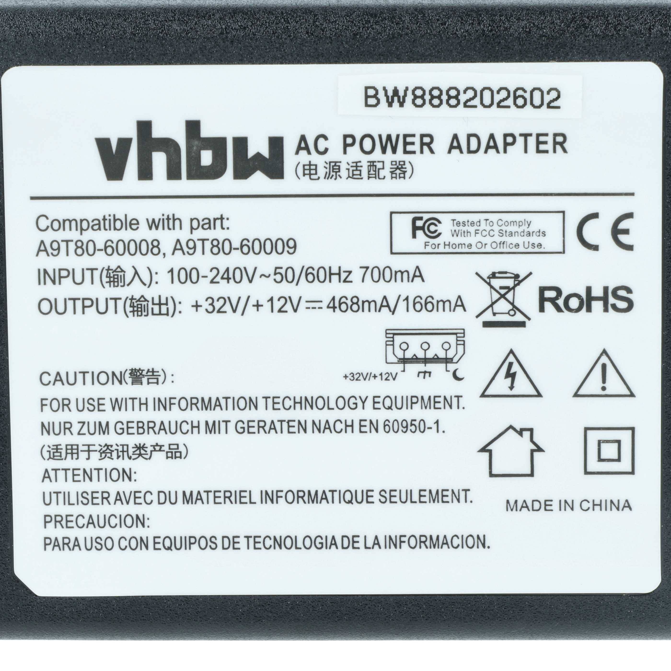 Etikett auf einem VHBW AC-Stromadapter, Modell BW888202602, Eingang 100-240V~ 50/60Hz 700mA, Ausgang +32V/+12V 468mA/166mA, hergestellt in China.