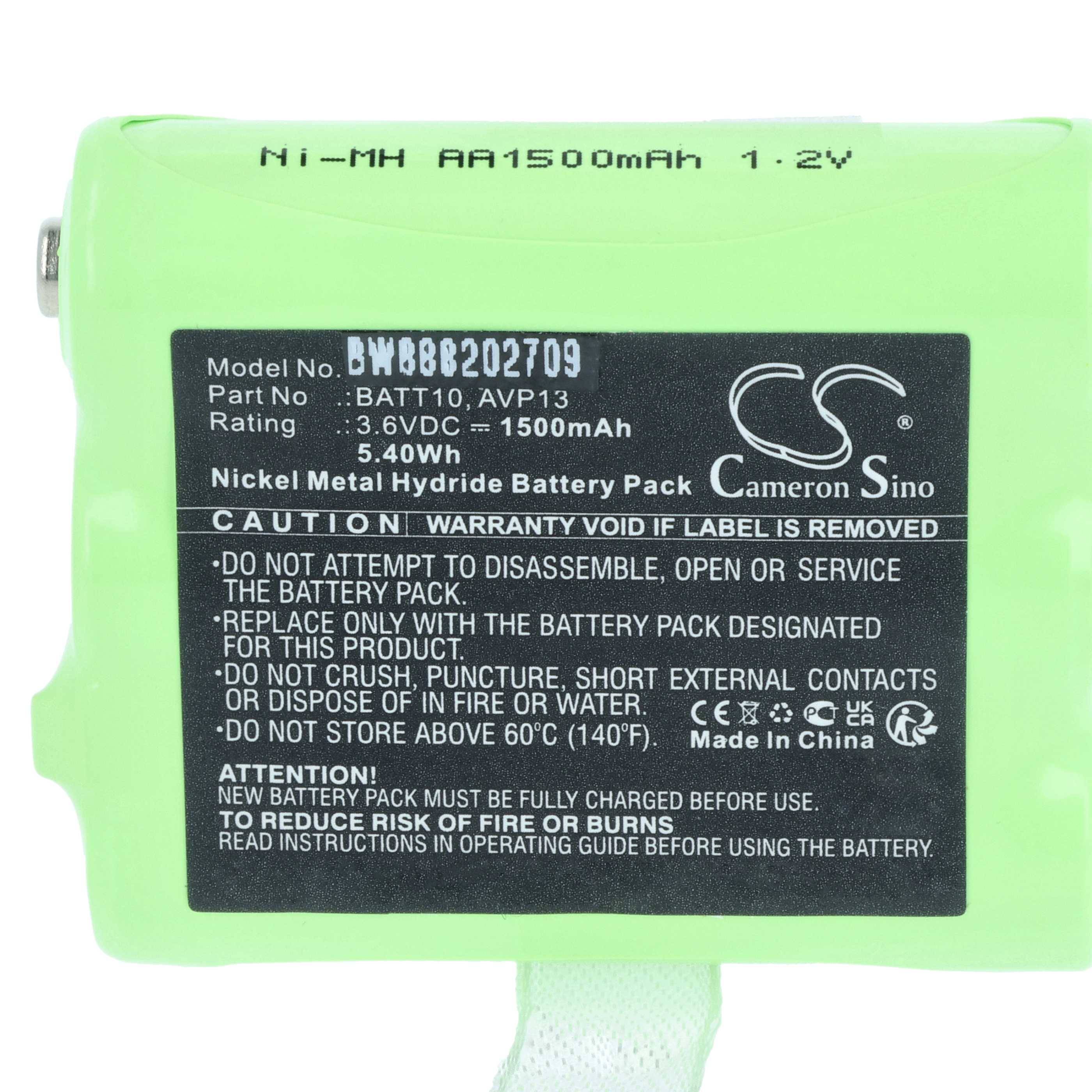 Grüne Ni-MH AA Batterie, 1500mAh, 1,2V. Enthält Sicherheitswarnhinweise zu Kurzschlüssen und Zerquetschung. Hergestellt in China.