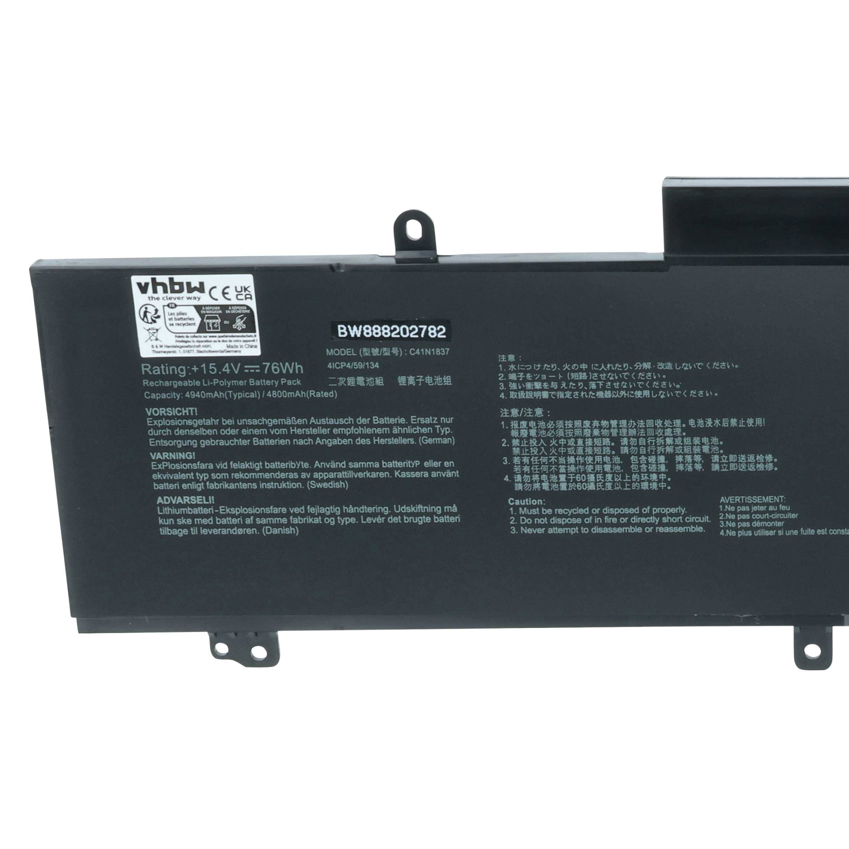 Eine schwarze Laptop-Batterie mit einem Etikett, das „Spezifikation: 15,4V - 76Wh" zeigt und Sicherheitsanweisungen in mehreren Sprachen. Modell: BWB888202782.