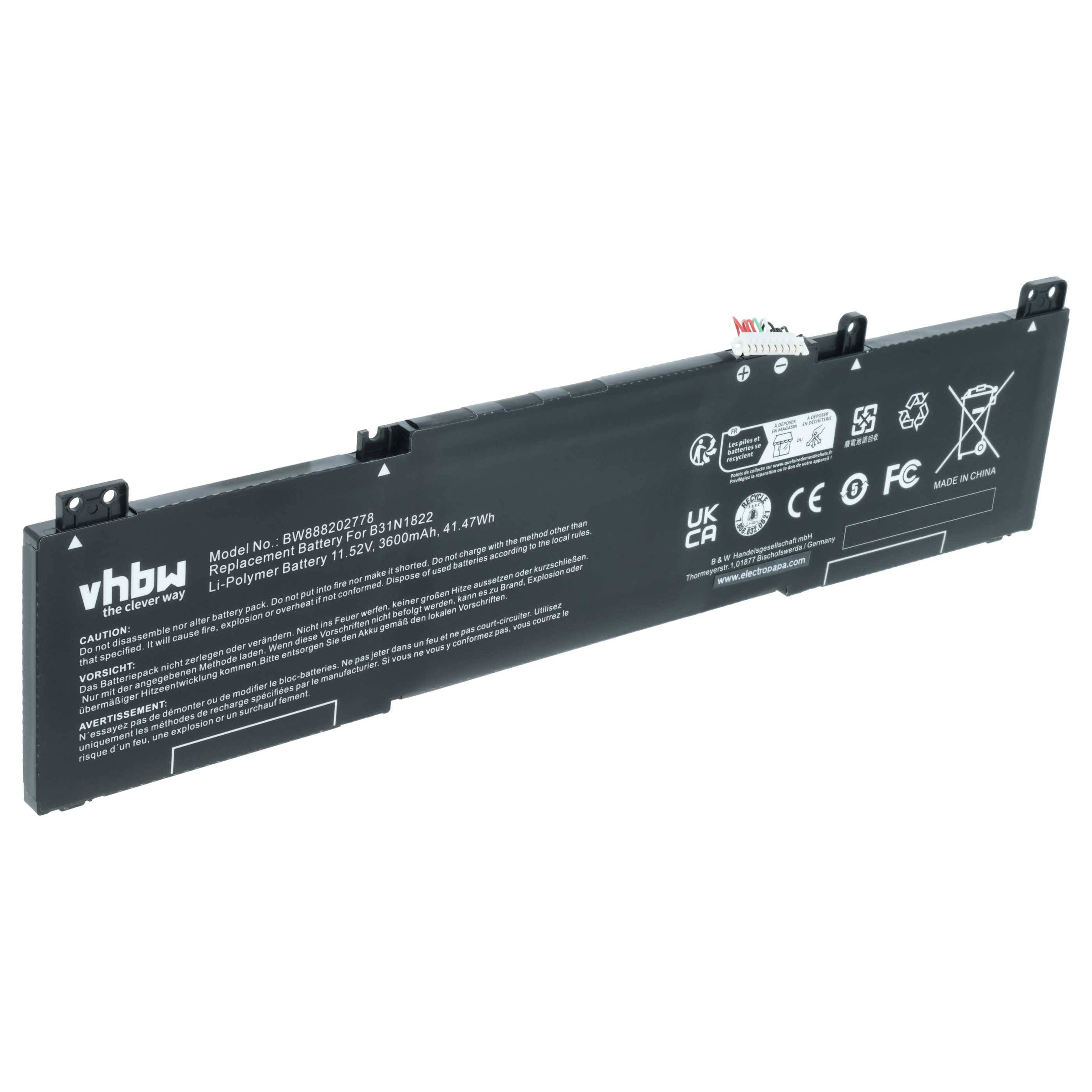 vhbw Akku kompatibel mit Asus UM462DA, UX462, UX462D, UX462DA, UX462DA-2G Notebook (3600mAh, 11.52V, Li-Polymer)