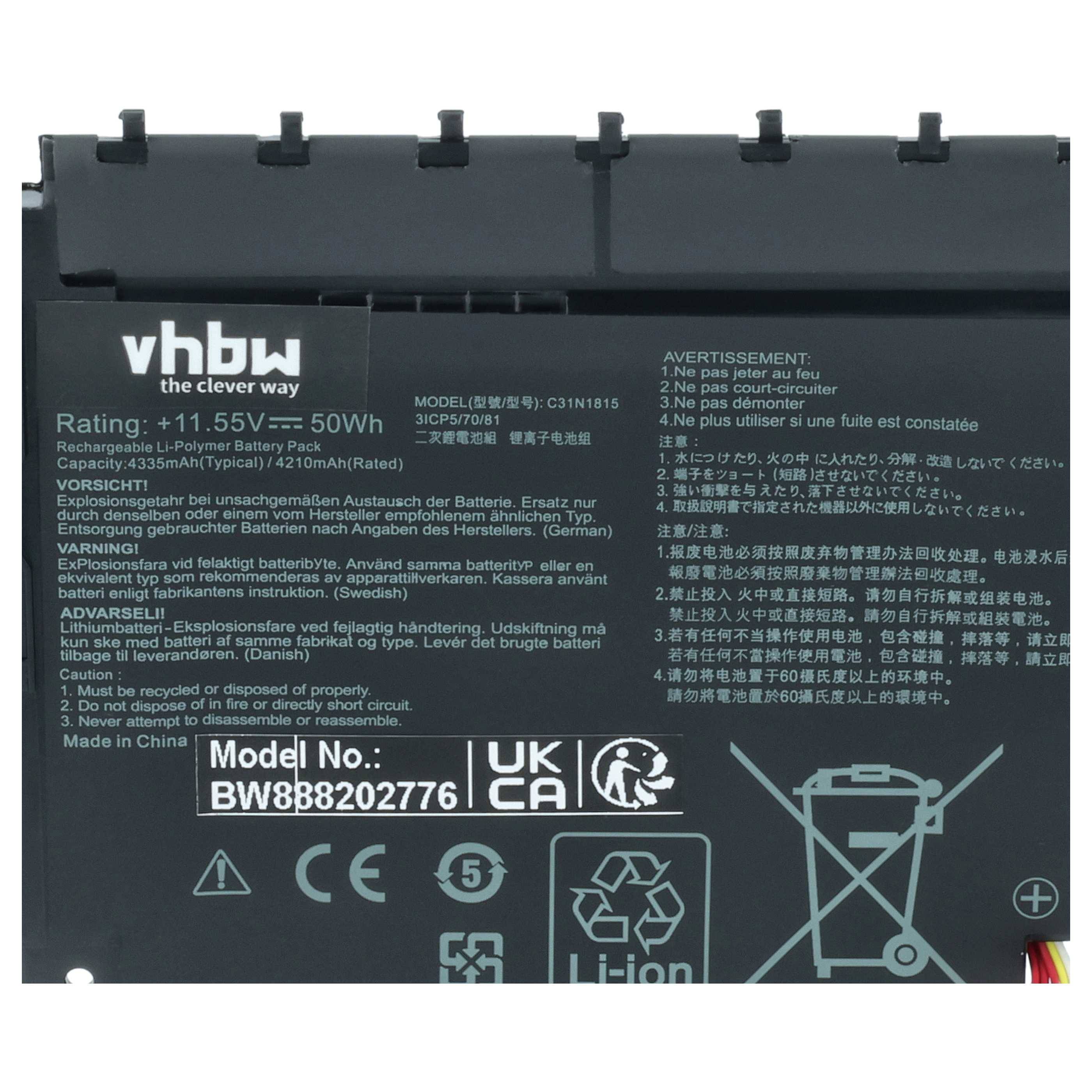 vhbw Akku kompatibel mit Asus Zenbook UX333, UX333FA, UX333FA-A3075T, UX333FA-A3076T Notebook (4250mAh, 11.55V, Li-Polymer)