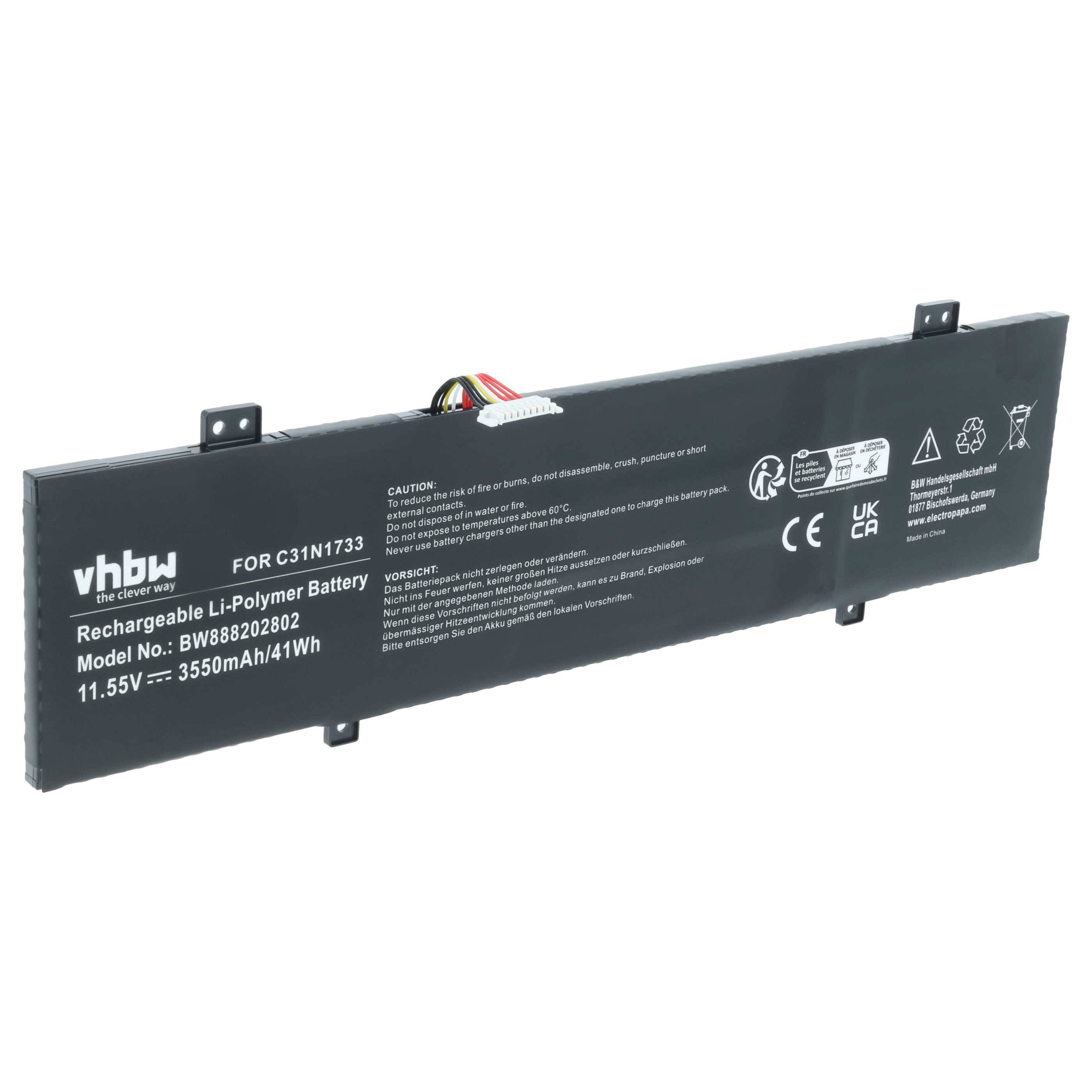 Aufladbarer Li-Polymer-Akku mit der Bezeichnung 'vhbw', Modell 'BW8882082020', 11,55V, 3550mAh/41Wh, mit Warnhinweissymbolen auf weißem Hintergrund.