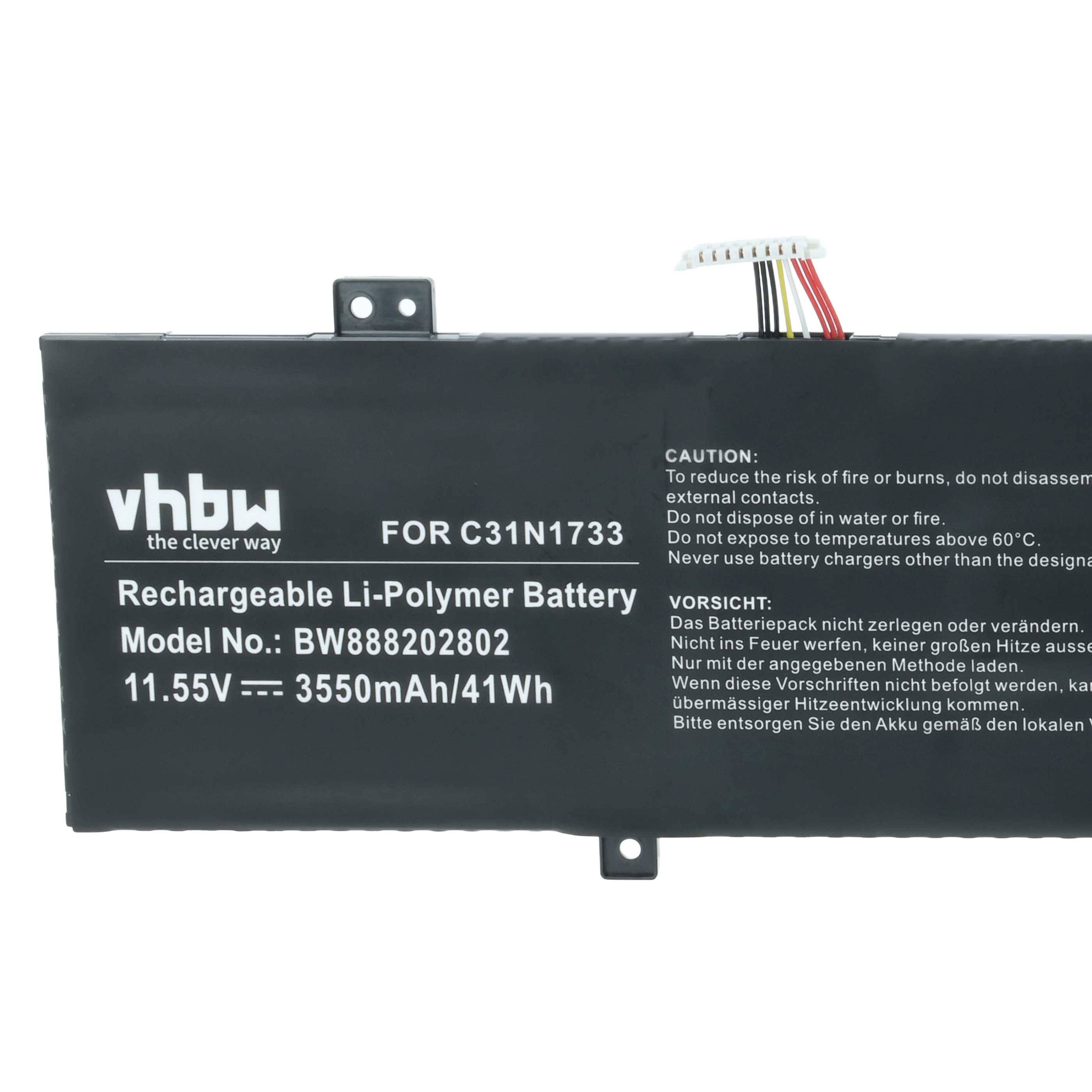 Akku mit Bezeichnung 'vhbw the clever way', Modell BW888202802, 11,55V, 3550mAh, 41Wh für Gerät C31N1733. Warnhinweise enthalten.