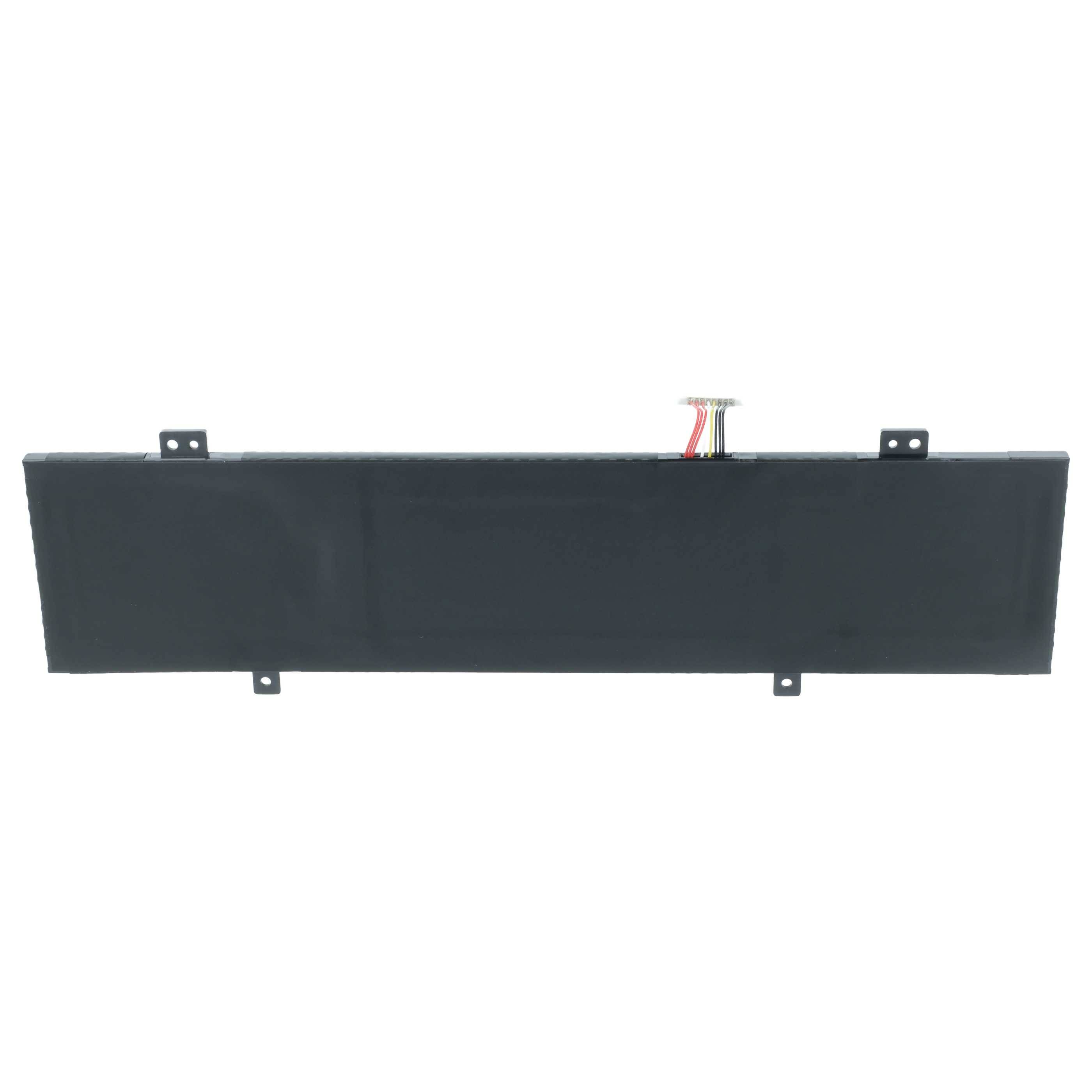 Ein rechteckiger Laptop-Akku mit schwarzem Gehäuse und vier Befestigungslaschen. Ein Anschluss mit farbigen Kabeln ragt von oben heraus.