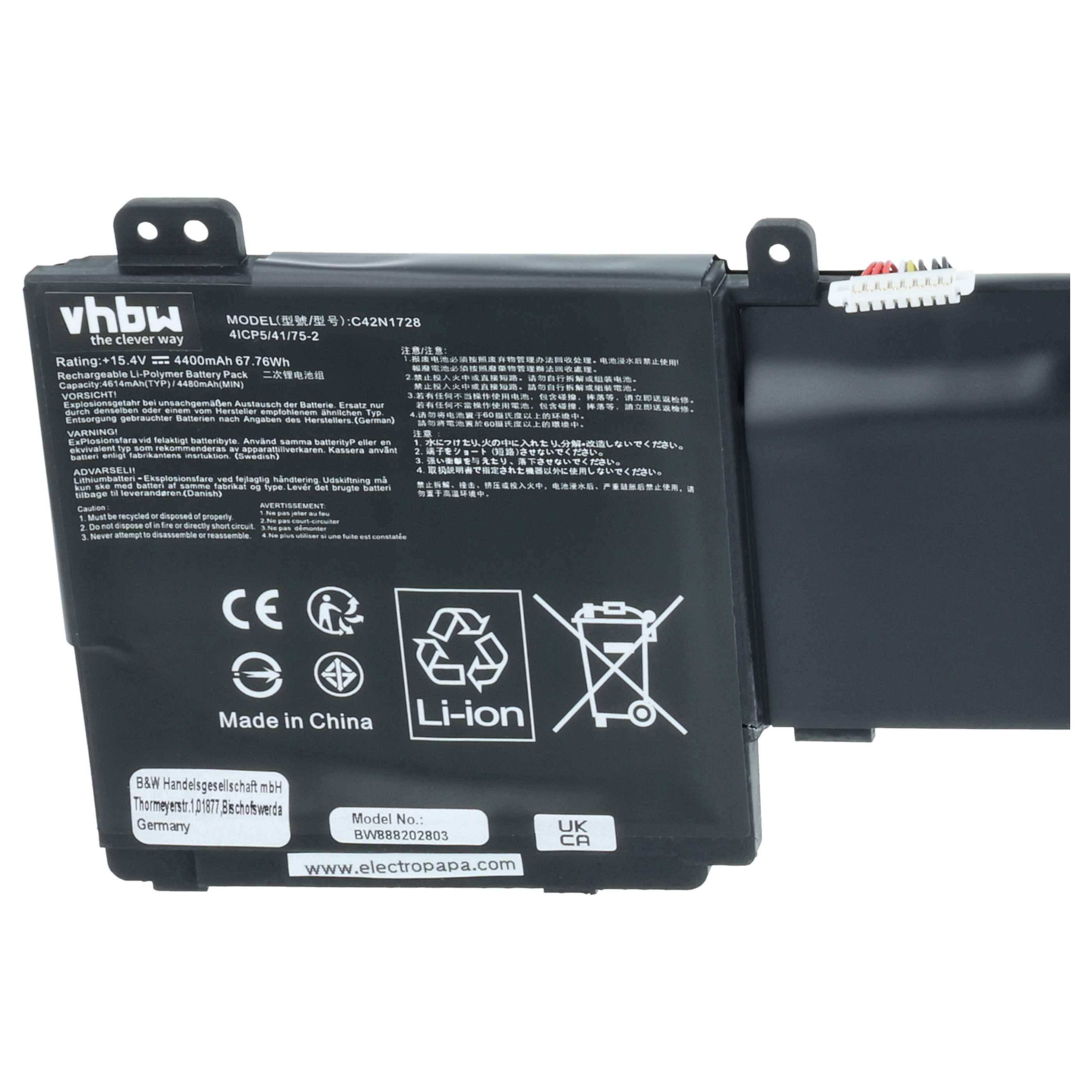 vhbw Akku kompatibel mit Asus ZenBook Pro 15 UX580GE-BN046T, Pro 15 UX580GE-BN037T Notebook (4400 mAh, 15,4 V, Li-Polymer)