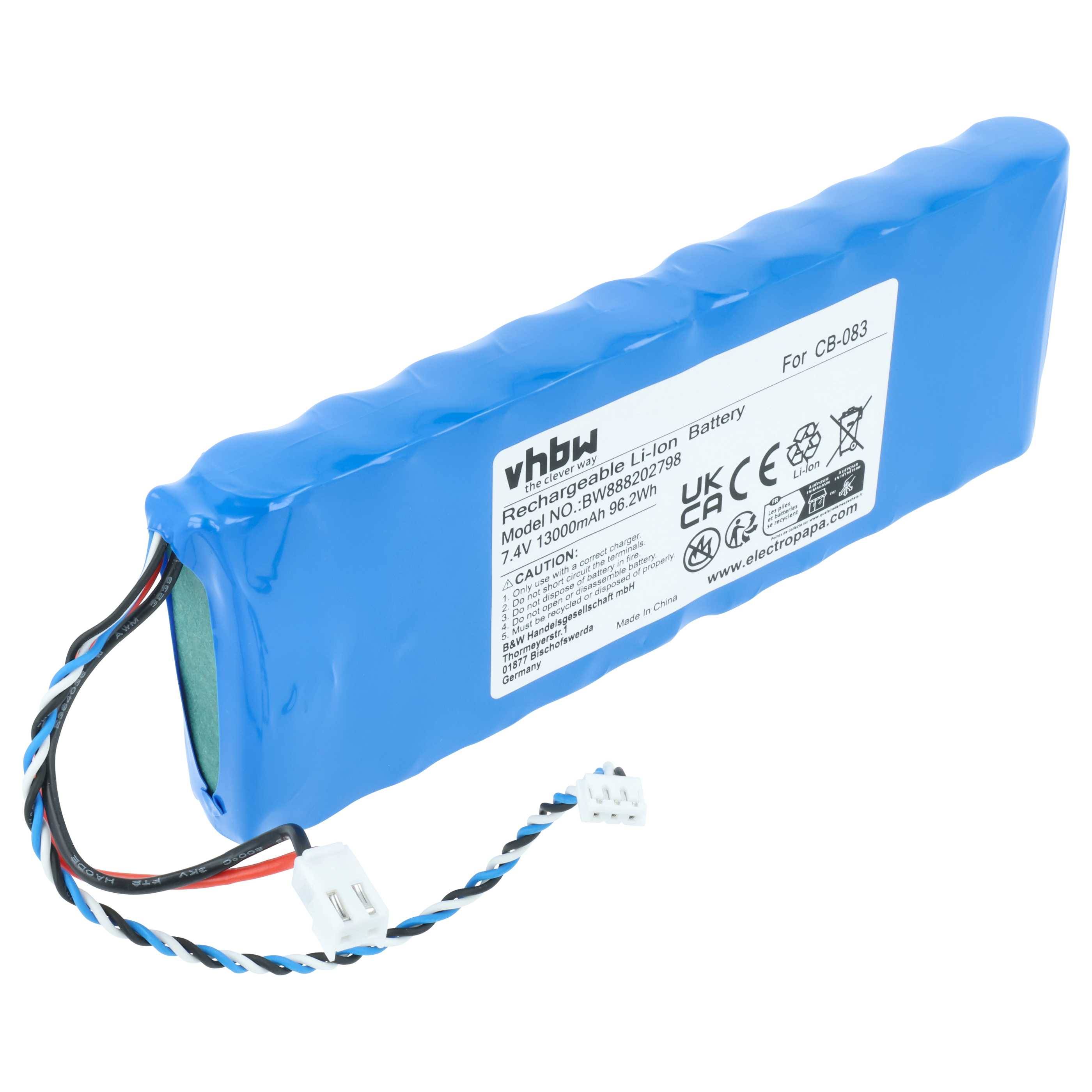 Blaues wiederaufladbares Lithium-Ionen-Akkupaket mit angebrachten Drähten und Stecker, beschriftet für CP-083.