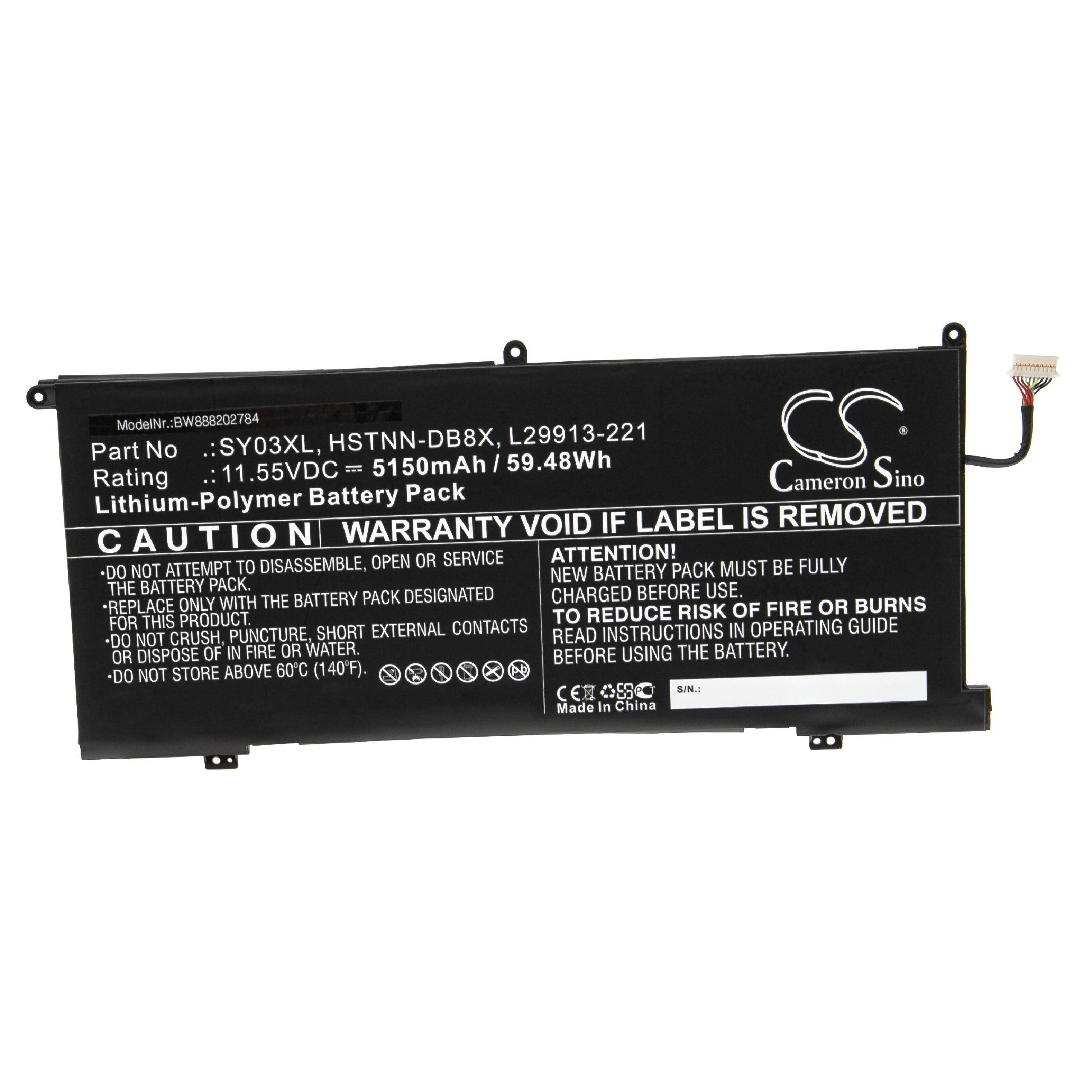 Modell: SY03XL, HSTNN-DB8X, L29913-221. 11,55 VDC, 5150 mAh, 59,48 Wh. Lithium-Polymer-Batterie. Gewährleistung erlischt, wenn das Etikett entfernt wird.