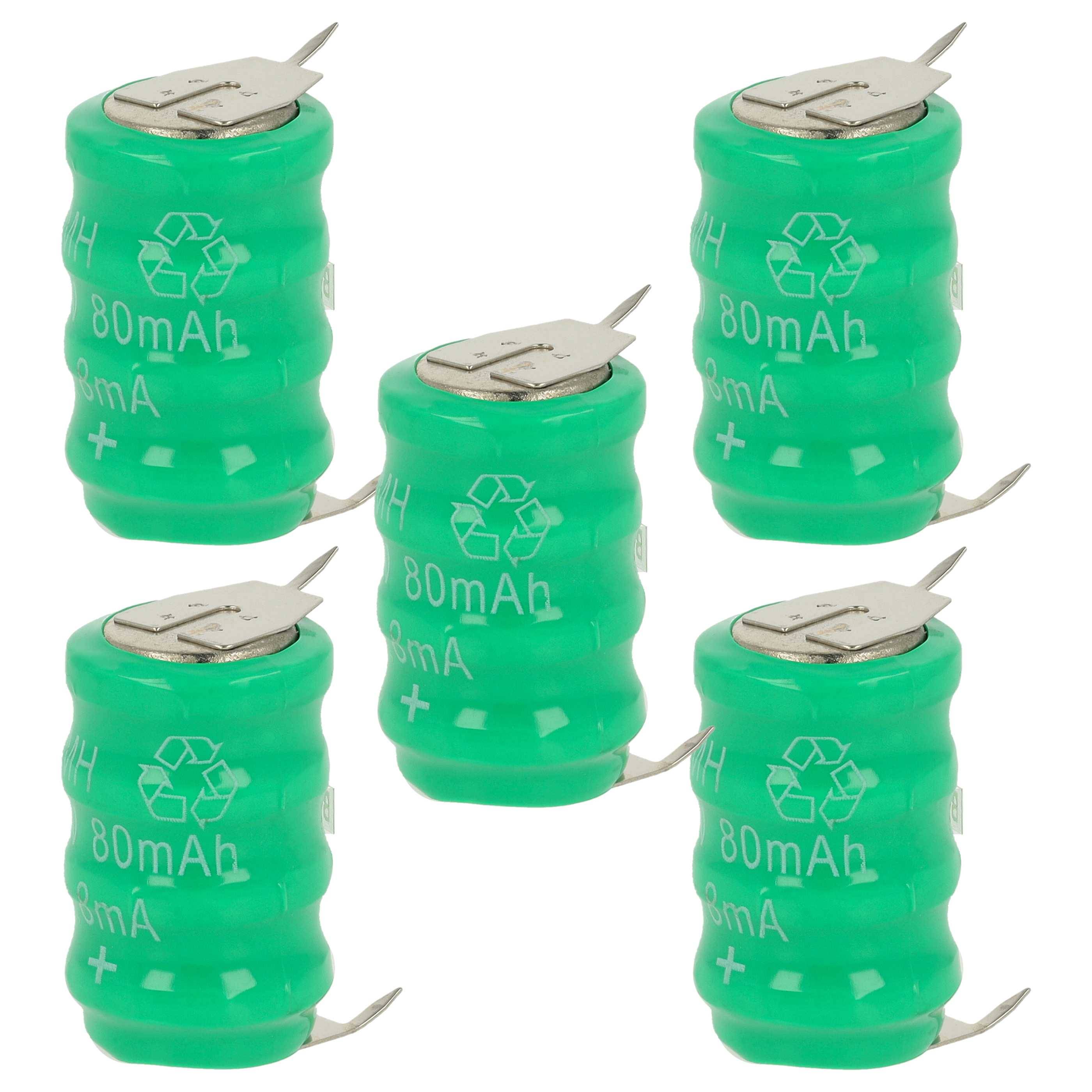 Fünf grüne zylindrische Nickel-Metallhydrid-(NiMH-)Batterien mit 80mAh Kapazität, jeweils mit Metallkontakten oben und unten.