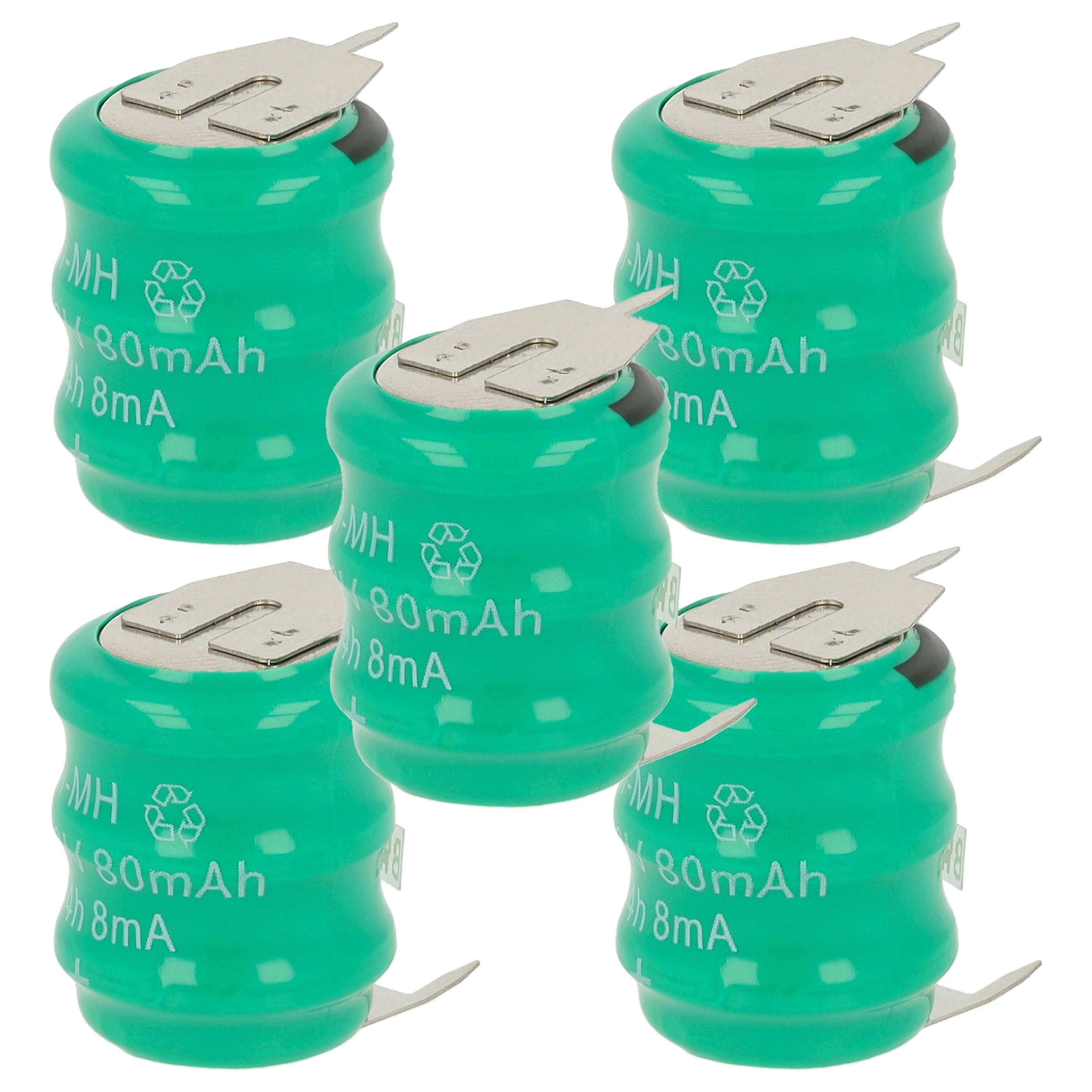 vhbw 5x NiMH Ersatz Knopfzellen-Akku Typ V80H 3-Pins 80mAh 3,6V kompatibel mit Modellbau-Akkus, Solar-Leuchten uvm.
