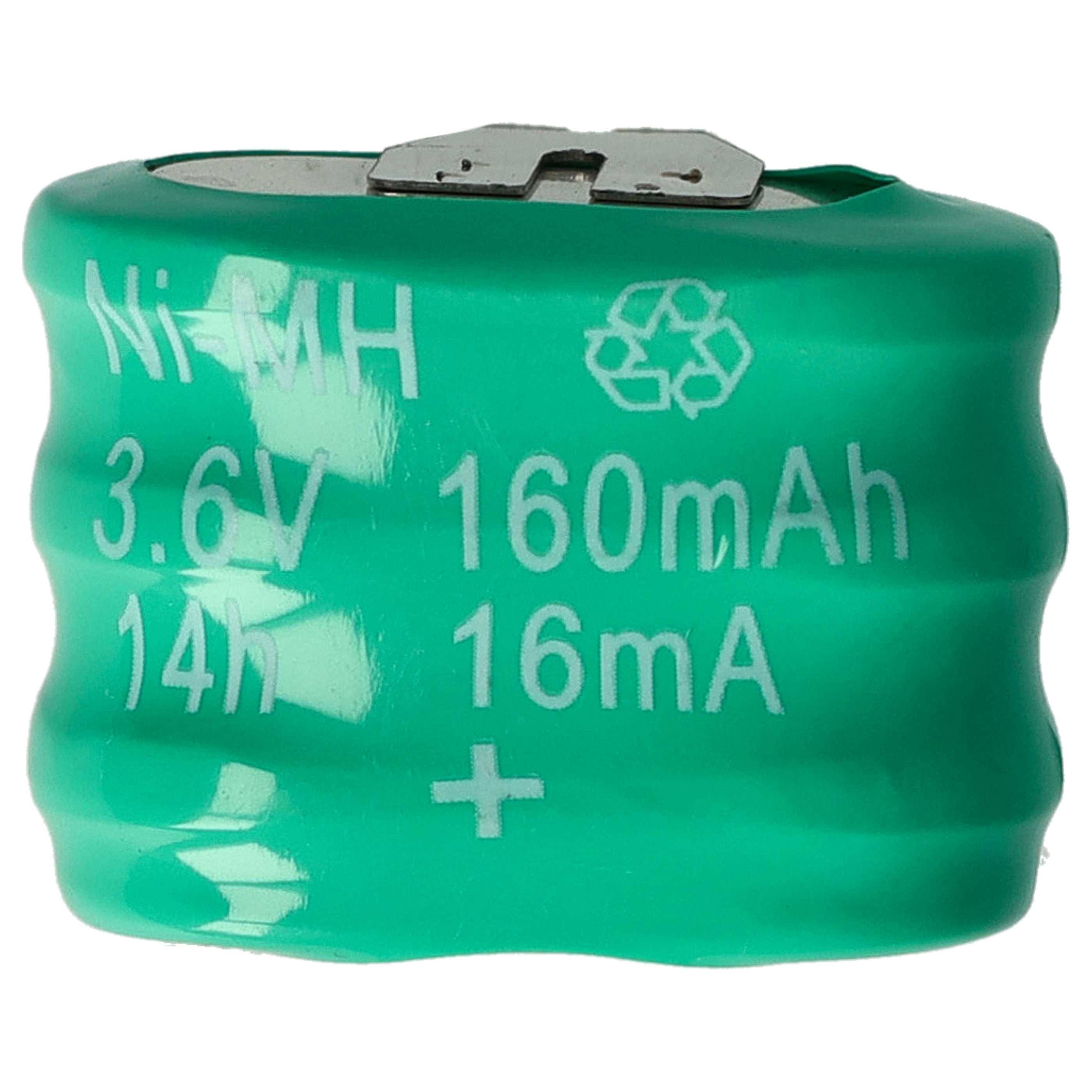 Eine grüne zylindrische Batterie mit der Aufschrift „Ni-MH 3,6V 160mAh 14h 16mA