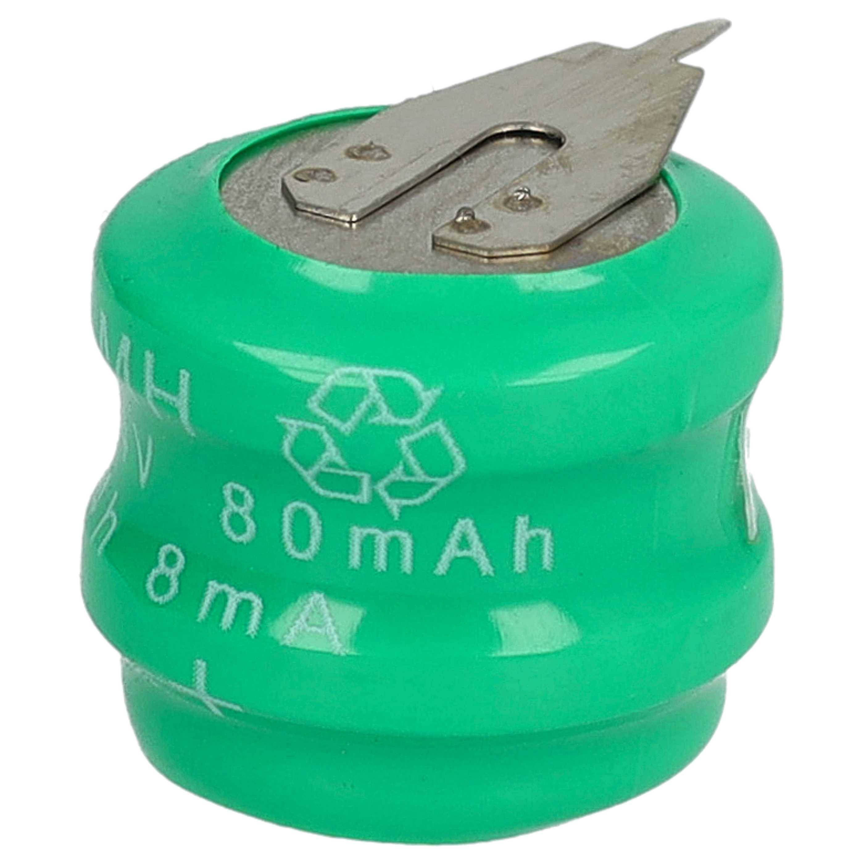 Eine grüne Knopfzellenbatterie mit Metallkontakten oben, gekennzeichnet mit „80mAh, 1,2V