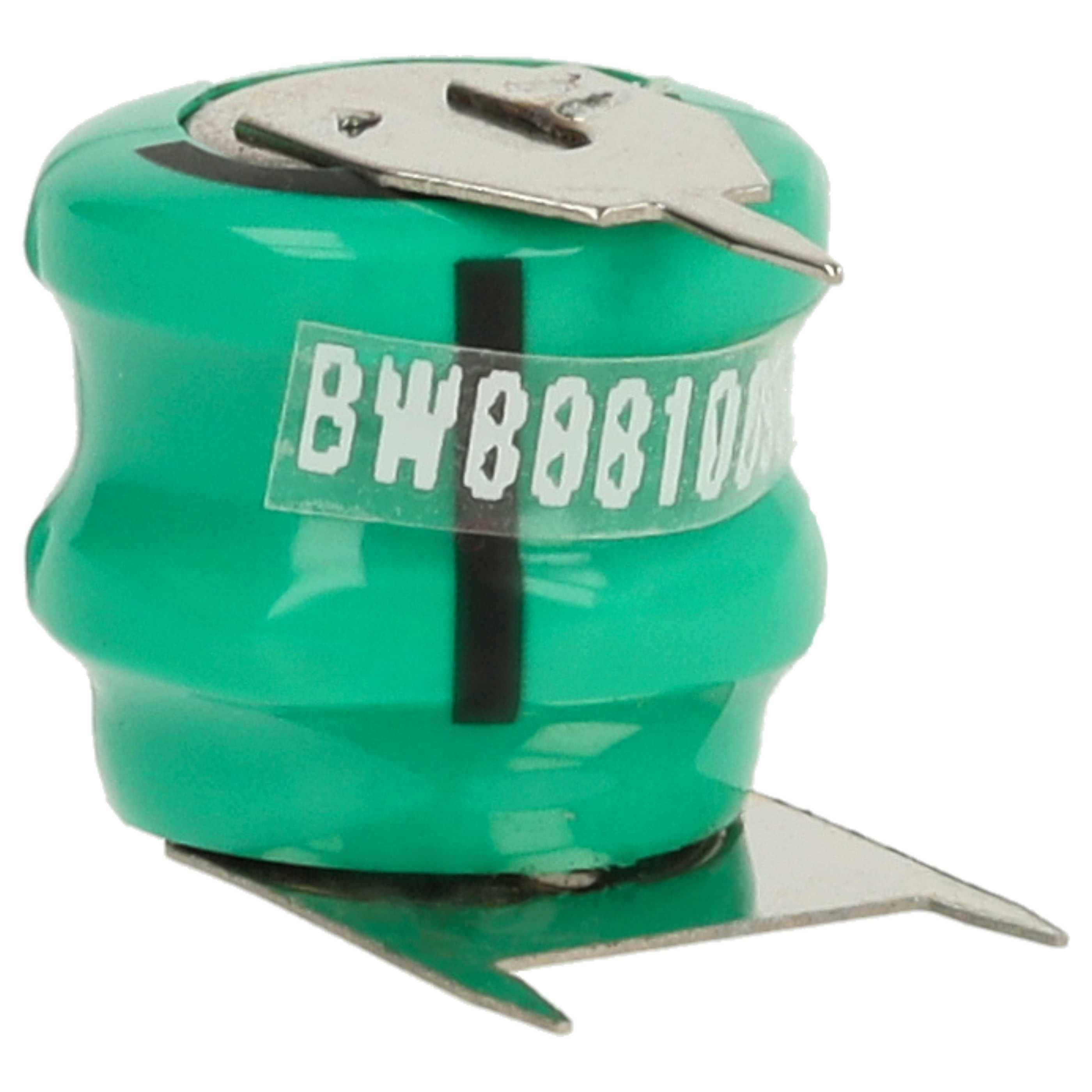 Eine grüne, zylindrische Batterie mit metallischen Anschlüssen, gekennzeichnet mit „BW88100