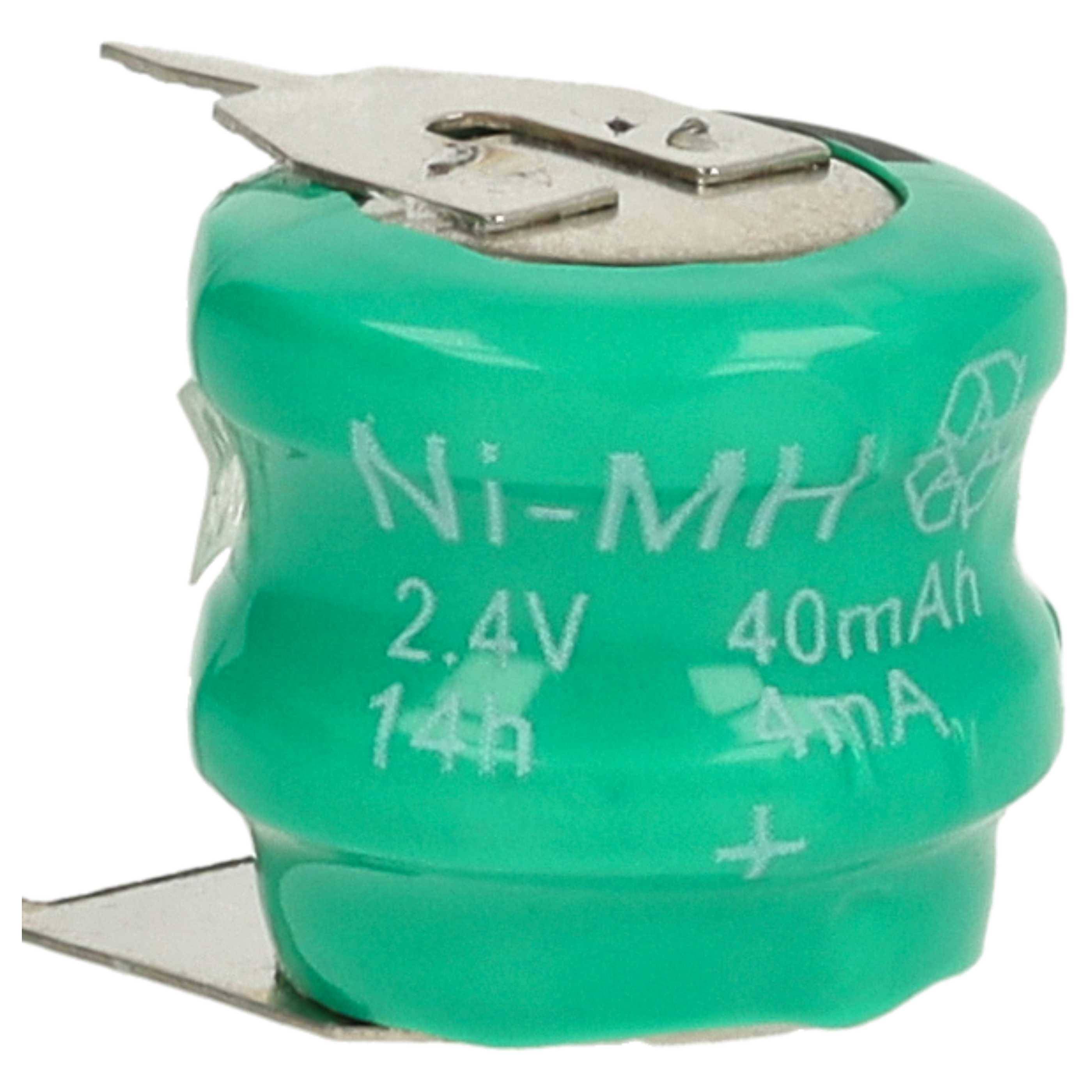 Ein grüner Nickel-Metallhydrid-Akku (Ni-MH) mit der Aufschrift „2,4V 40mAh 14h 4mA