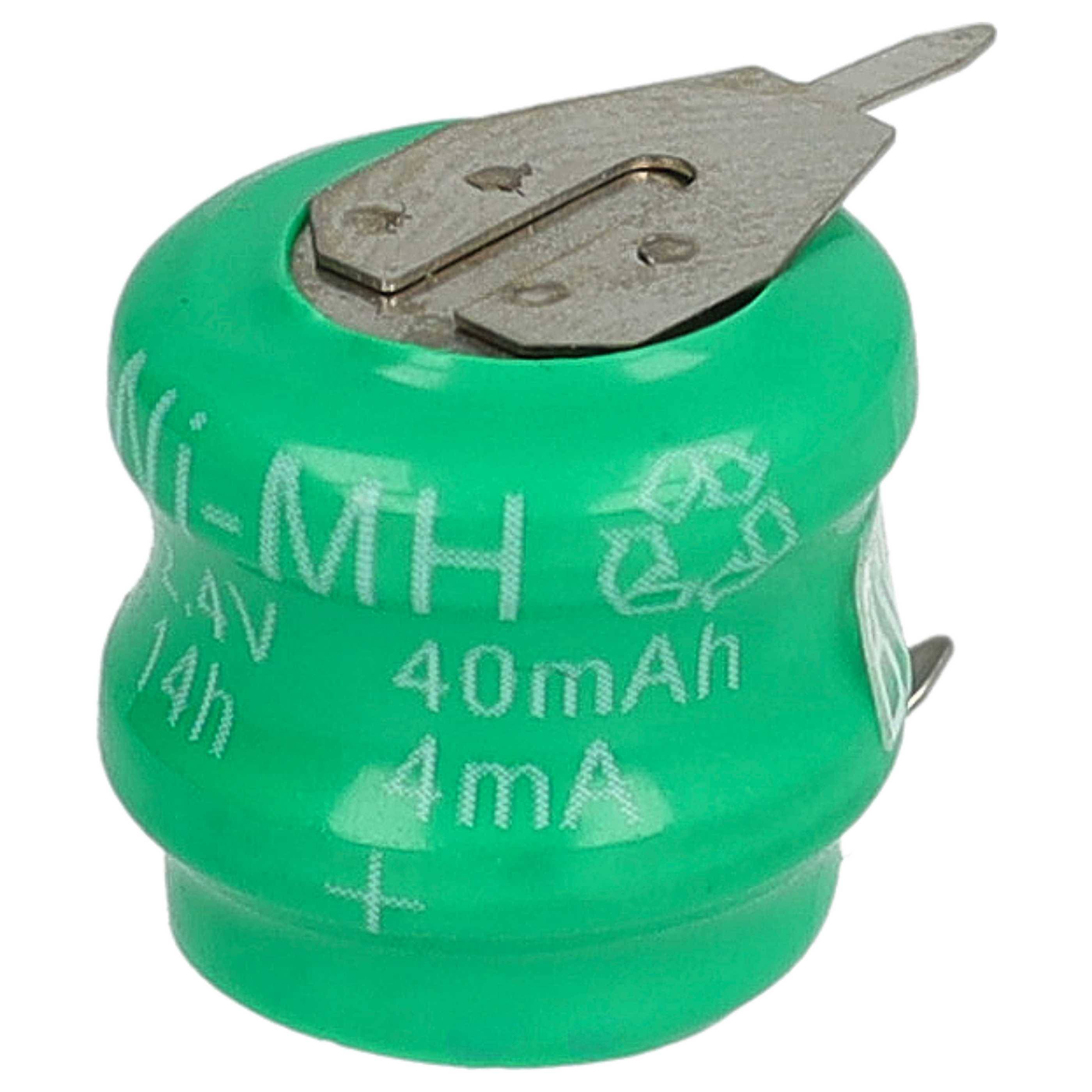 Eine kleine grüne Nickel-Metall-Hydrid-Batterie mit Metallklemmen. Der Text auf der Batterie zeigt 'Ni-MH', '1.2V', '40mAh' und '4mA'.