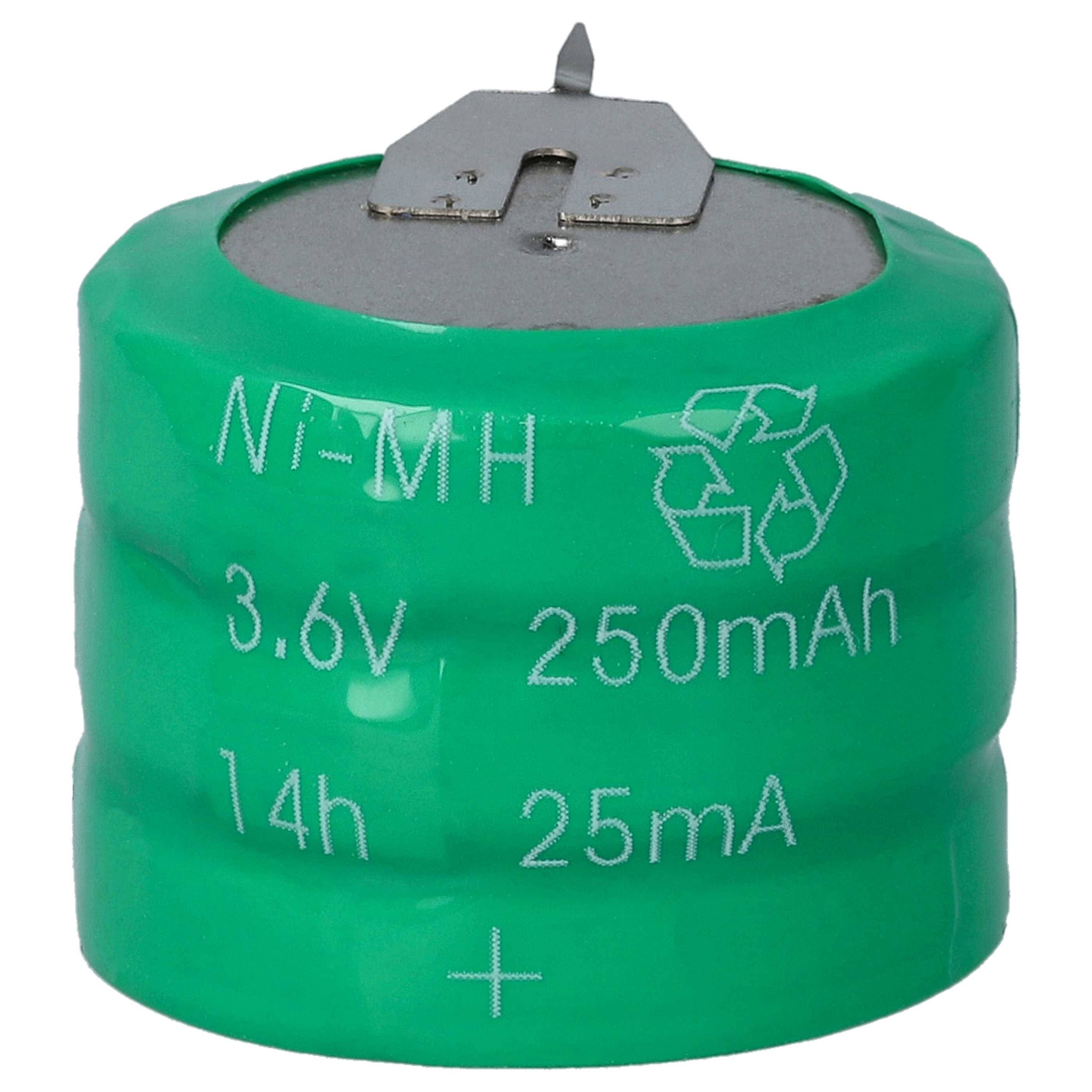 Eine grüne zylindrische NiMH-Wiederaufladbare Batterie mit der Beschriftung „3,6V 250mAh 14h 25mA