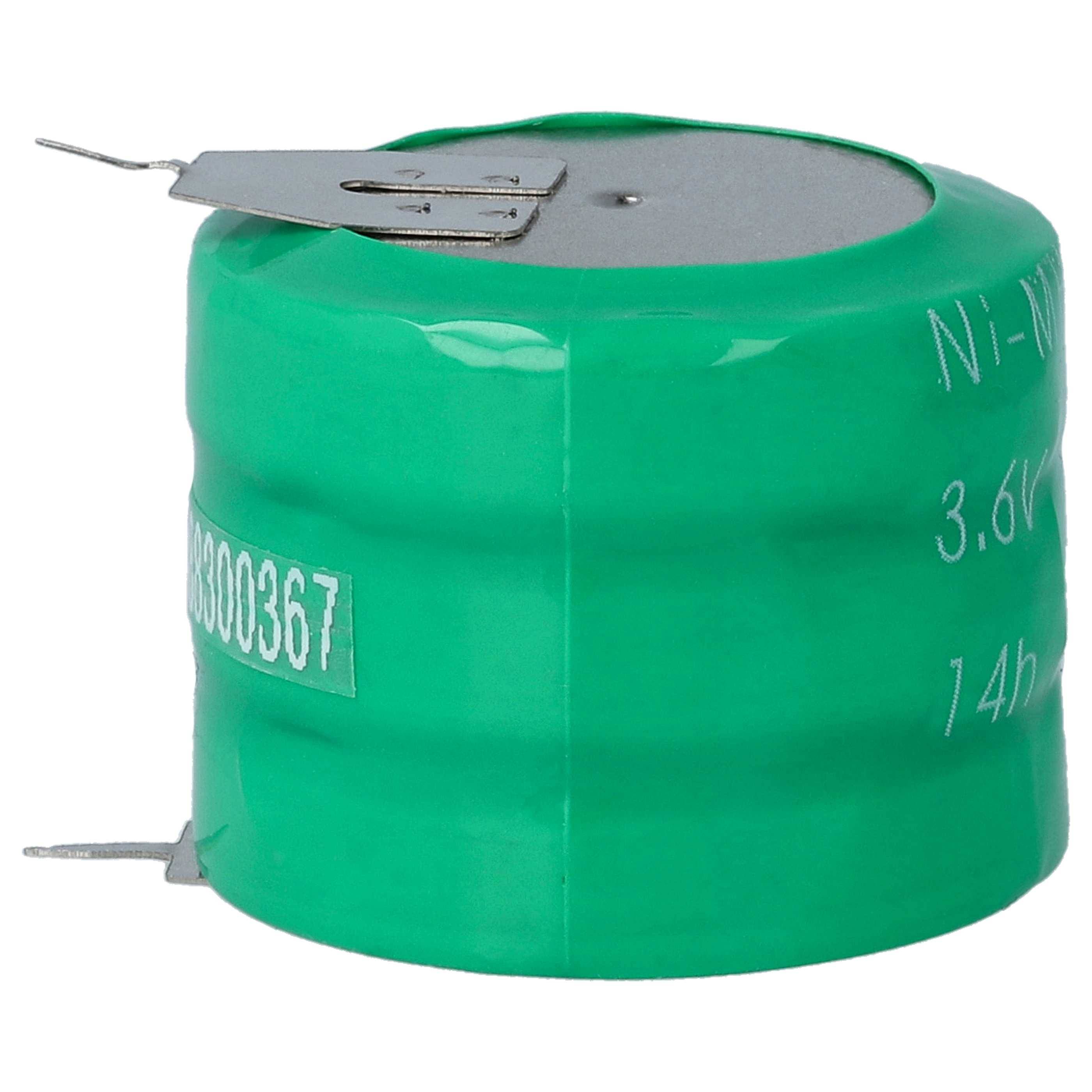 Eine zylindrische grüne Nickel-Metall-Hydrid-Batterie mit Metallzungen, beschriftet mit „3,6V