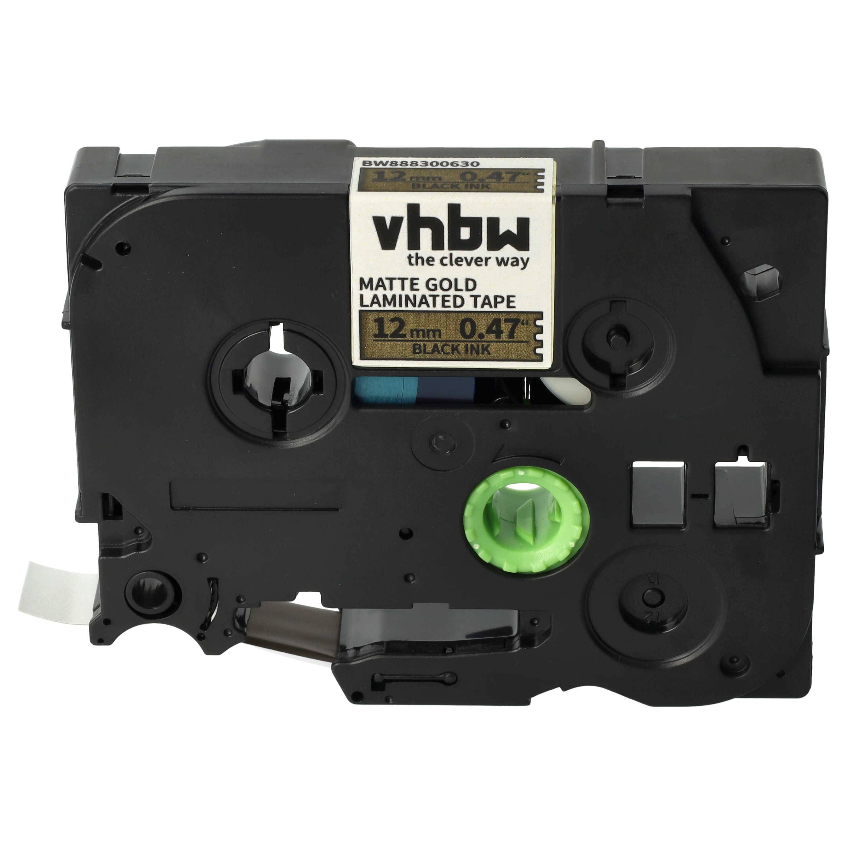 vhbw Schriftband-Kassette kompatibel mit Brother PT E500VP, E550WVP, H105WB Etiketten-Drucker 5m x 12mm Schwarz auf Matt-Gold, Kunststoff, Laminiert