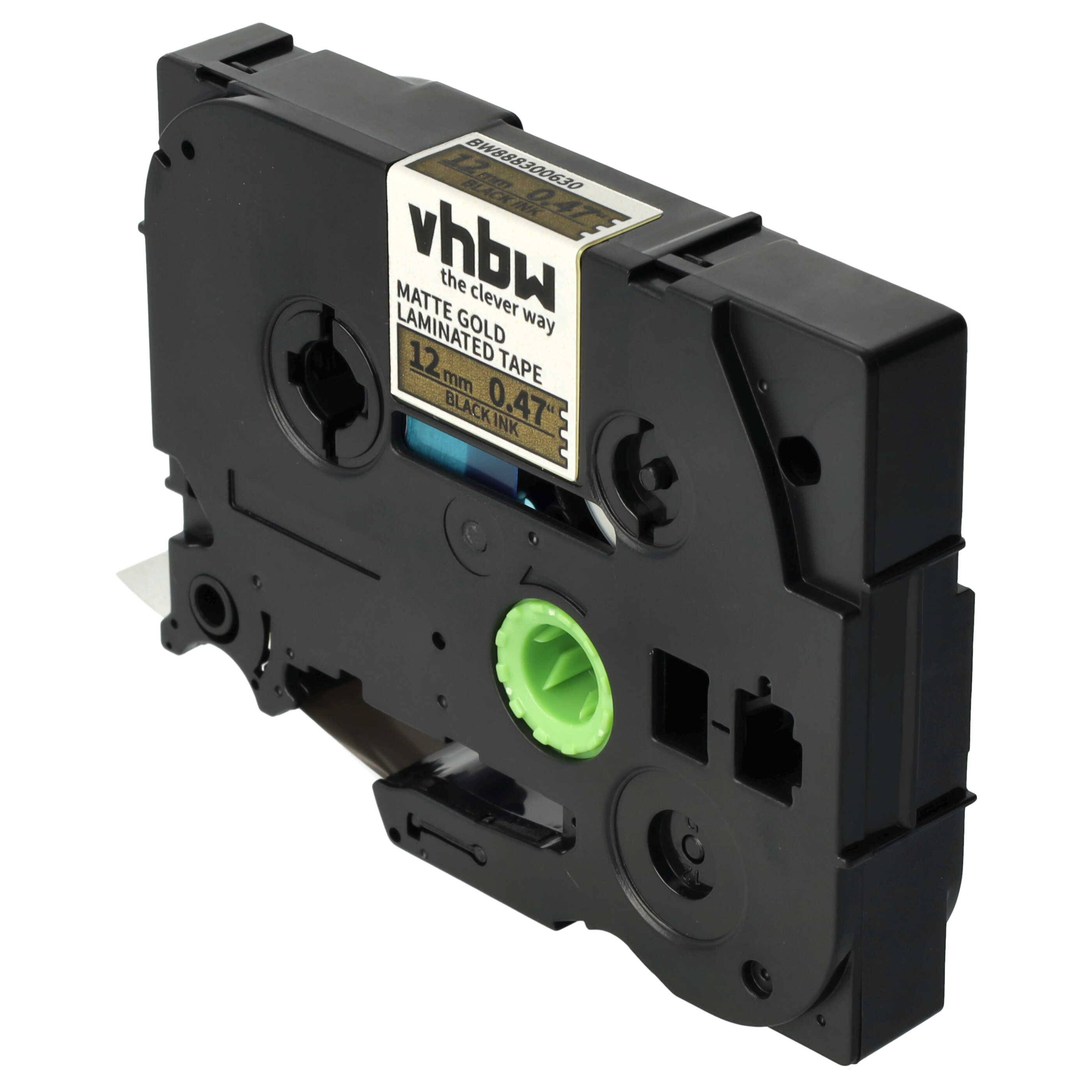 vhbw Schriftband-Kassette kompatibel mit Brother PT PT-1400, PT-1300 Etiketten-Drucker 5m x 12mm Schwarz auf Matt-Gold, Kunststoff, Laminiert