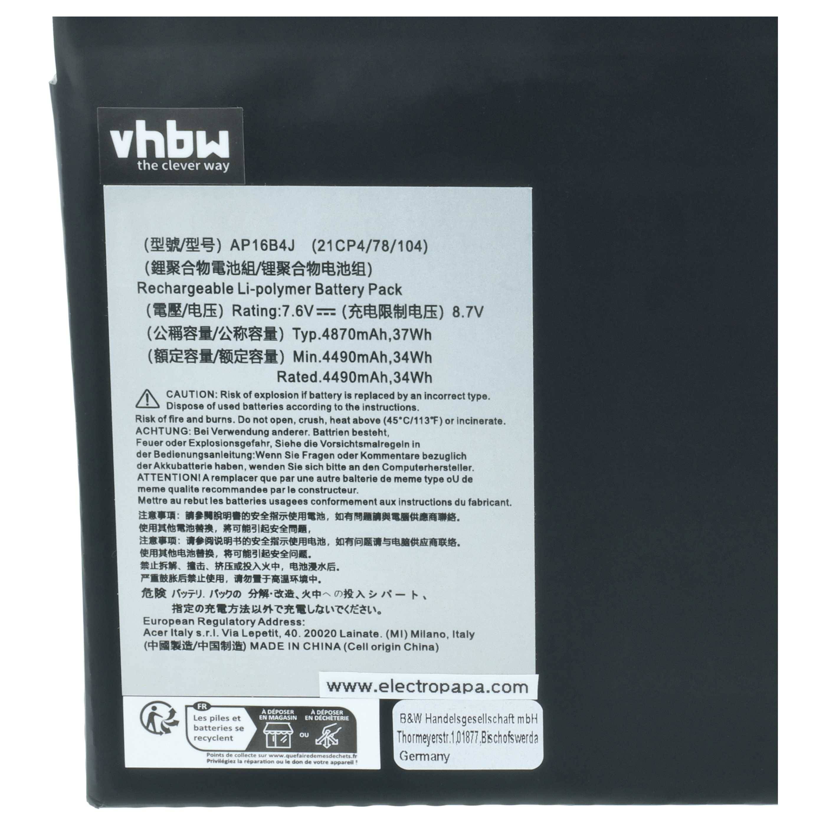 vhbw Akku kompatibel mit Acer Switch 5 SW512-52-73MS, 5 SW512-52-73Y5, 5 SW512-52-71TN Notebook (4450 mAh, 7,6 V, Li-Polymer)