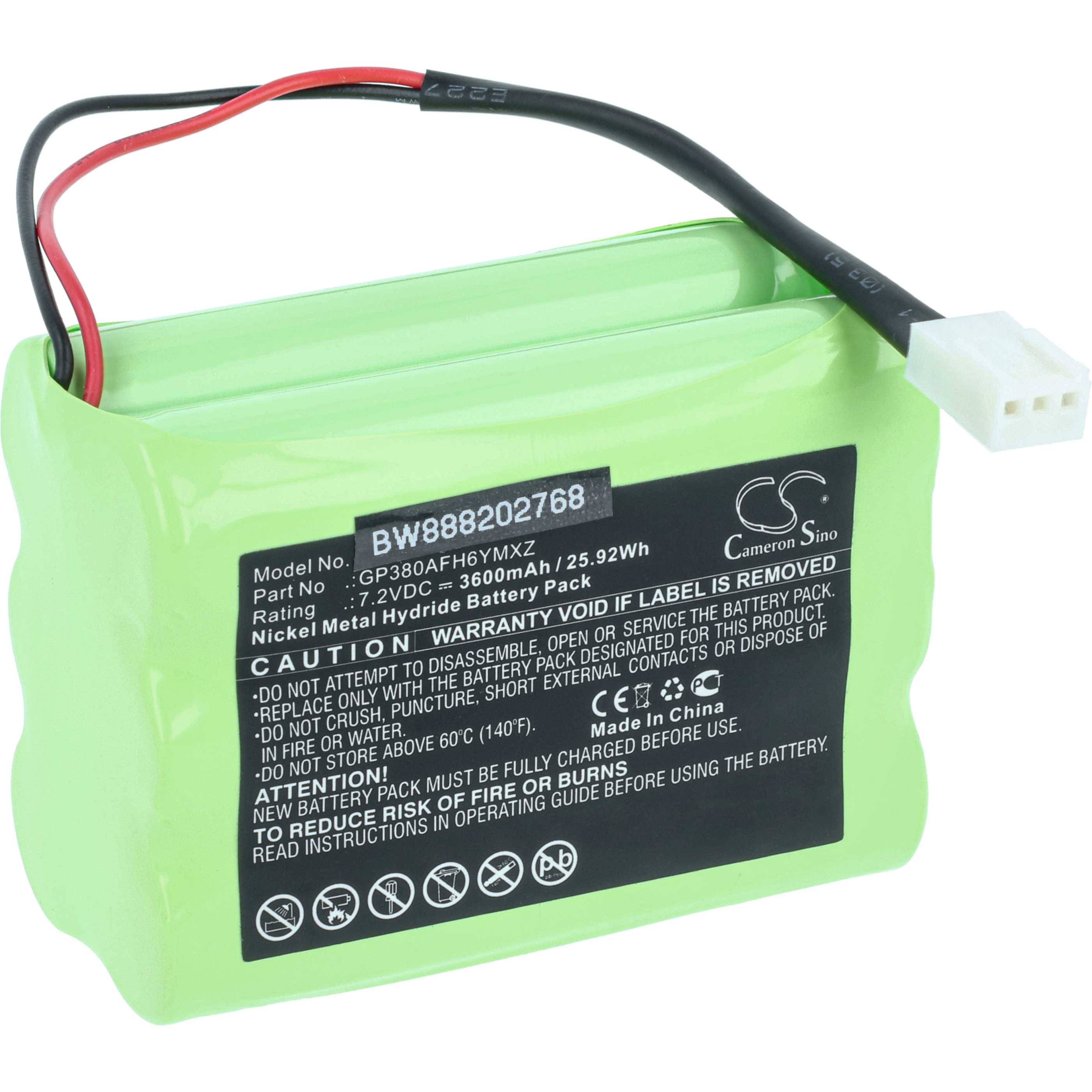 Grünes Nickel-Metall-Hybrid-Akku-Pack mit Drähten und einem Anschluss, mit Produkt- und Warnungsetiketten. Modell „BP-300F 3600mAh
