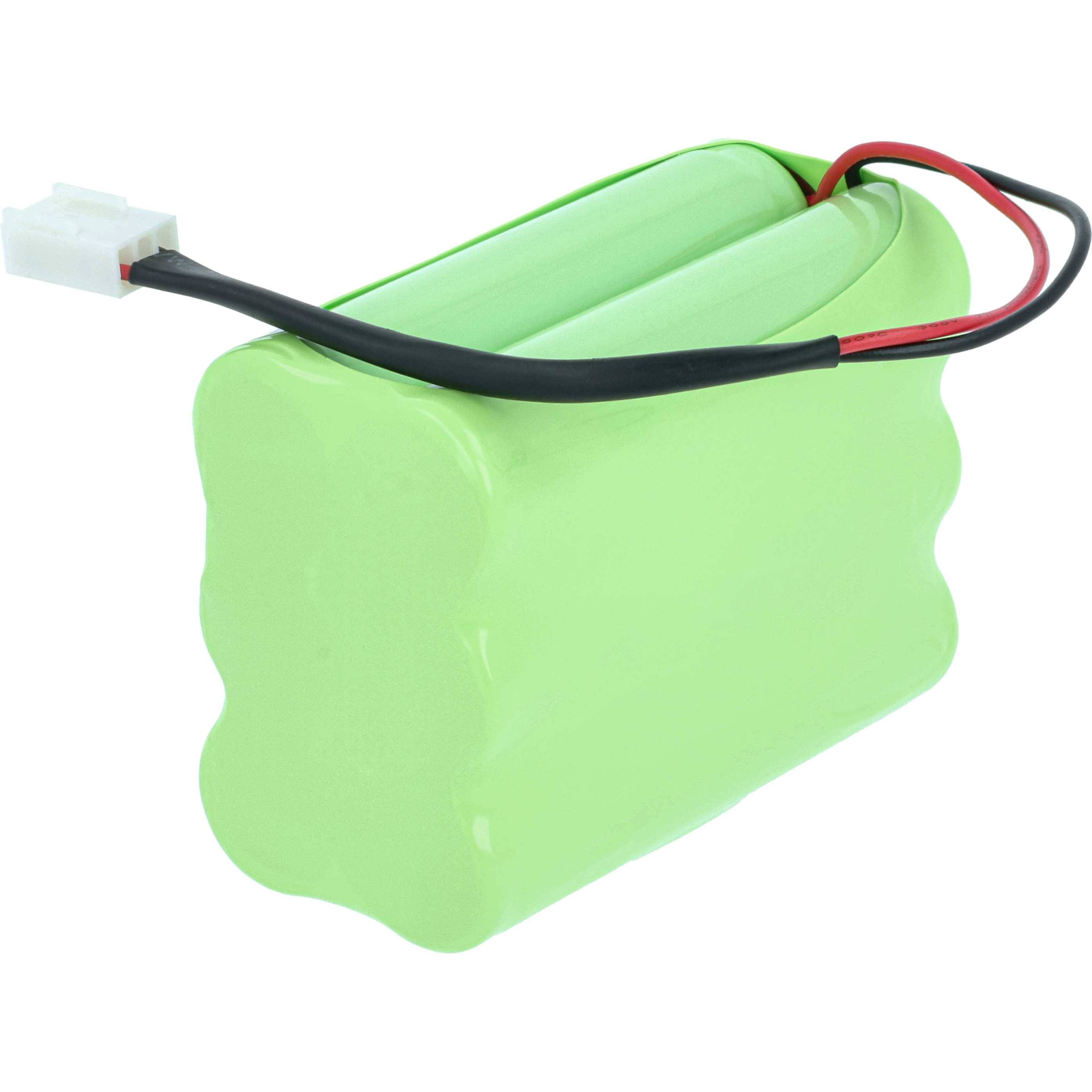 Ein grüner wiederaufladbarer Batteriepack mit rot und schwarz gefärbten Drähten, die mit einem weißen Stecker verbunden sind.