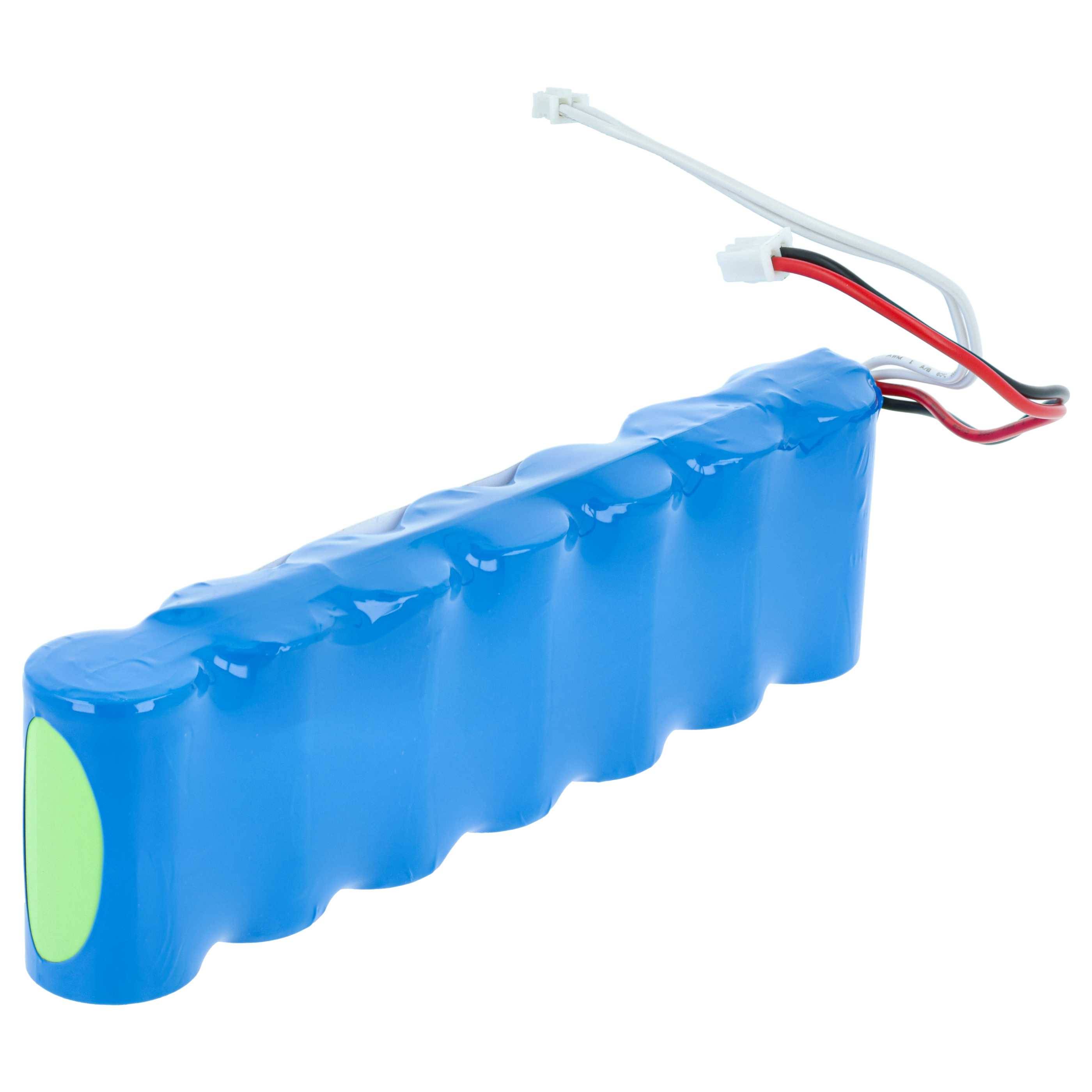 Blaues wiederaufladbares Batteriepaket mit angeschlossenen Verbindungsdrähten und Steckerleitungen auf weißem Hintergrund.