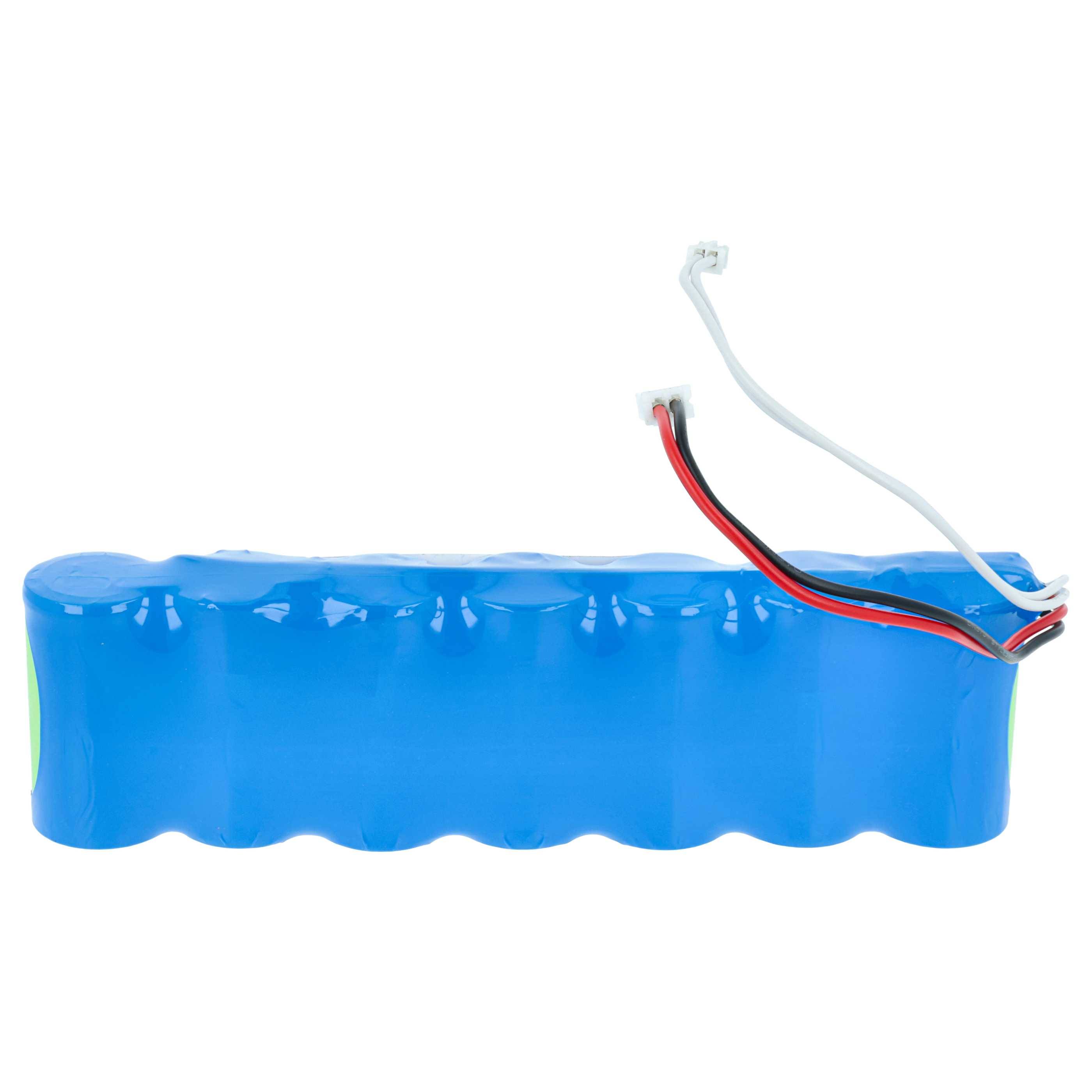 Blauer wiederaufladbarer Batteriepack mit roten, schwarzen und weißen Anschlussdrähten auf weißem Hintergrund.