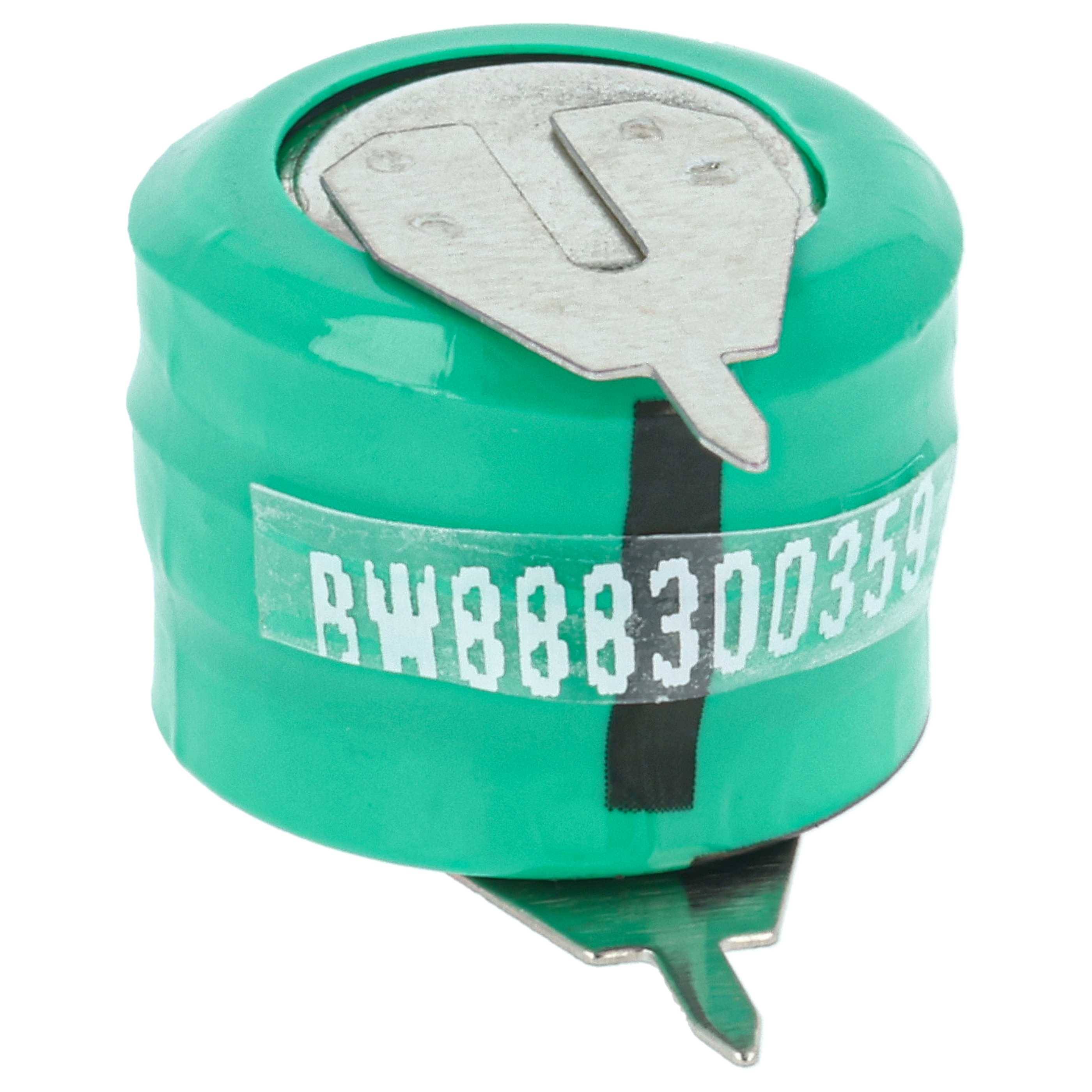 Grüne zylindrische Batterie mit Metallkontakten oben und unten, umwickelt mit einem gedruckten Identifikationsetikett.