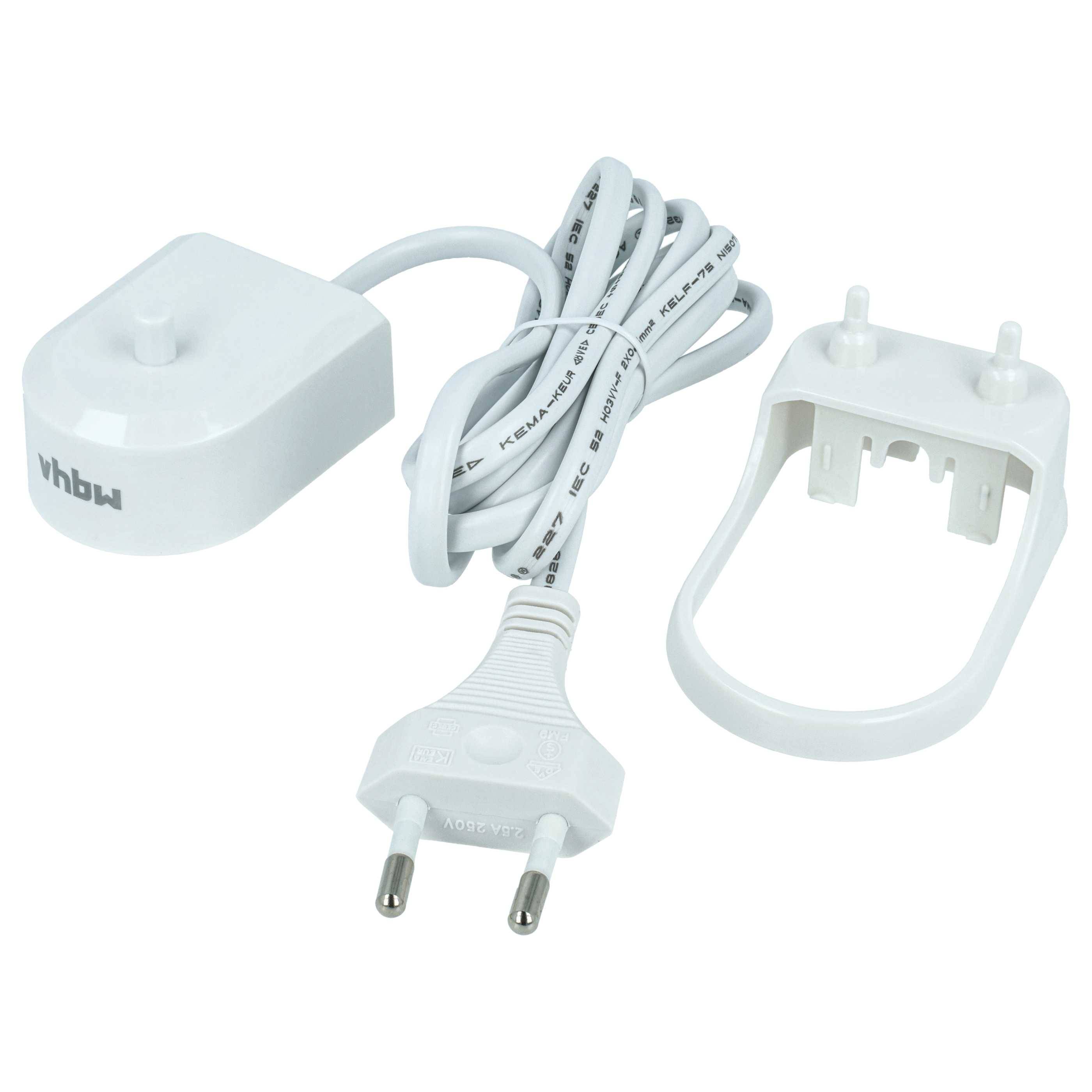 Weißes Elektrosteckergerät mit Kabel, zweipoliger Eurostecker und abnehmbarer Wandhalterungsklammer auf weißem Hintergrund.