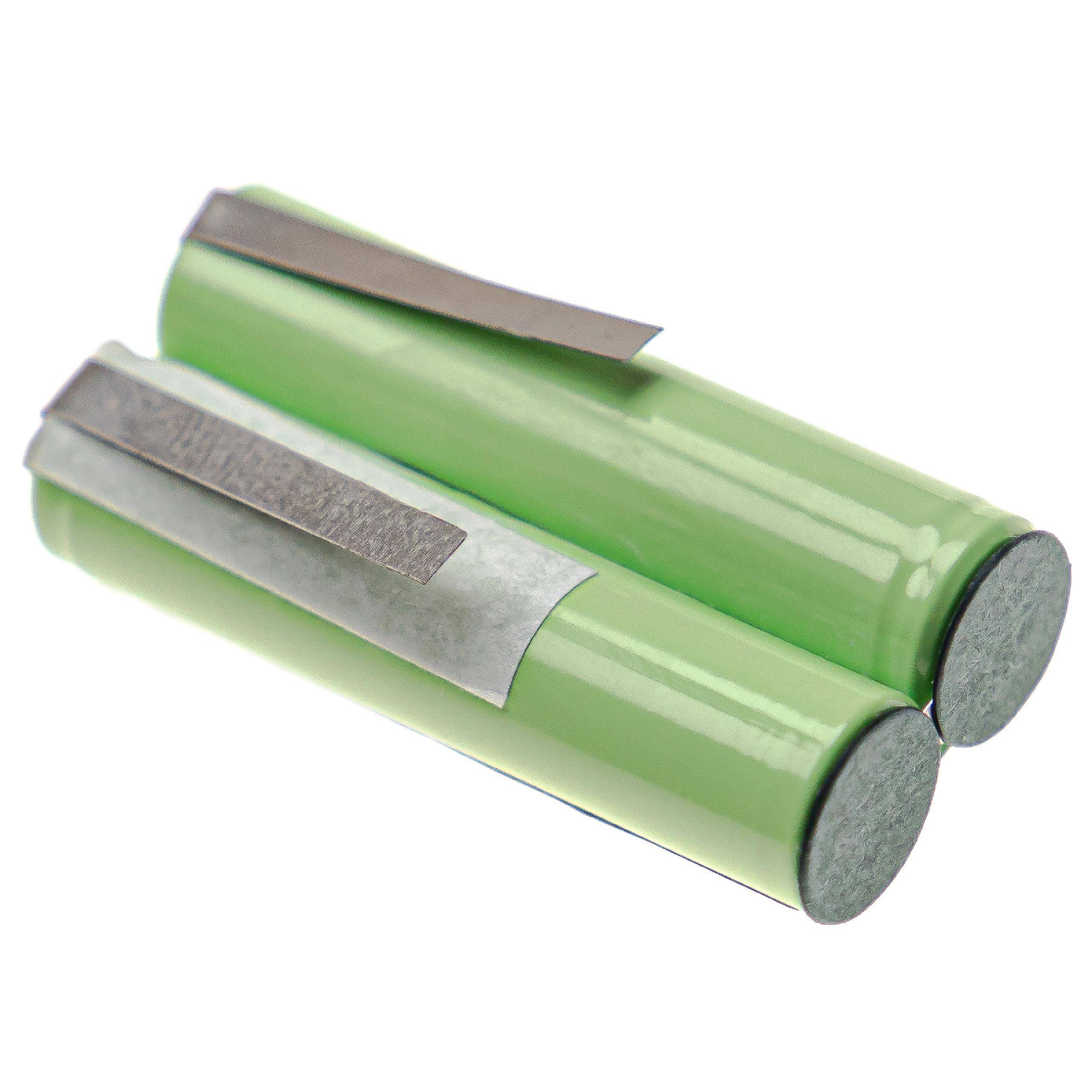 Zwei grüne zylindrische Batteriezellen liegen nebeneinander, wobei jede eine Metallstreifen auf ihrer Oberfläche aufweist, isoliert auf einem einfarbigen Hintergrund.