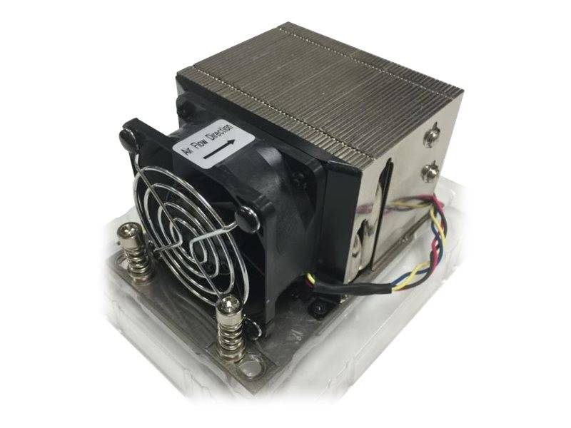 Nahaufnahme eines Computer-CPU-Kühlkörpers und Lüfters, die auf einer Basis montiert sind, mit sichtbaren Stromkabeln und Metallrippen zur Kühlung.
