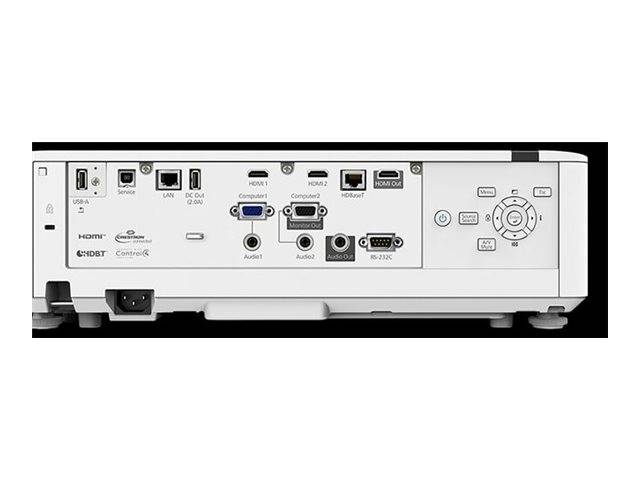 Rückseite eines Projektors mit Anschlussanschlüssen und Bedienelementen, einschließlich HDMI, LAN, VGA, Audio, RS-232C, USB, Stromversorgung und Menütasten.