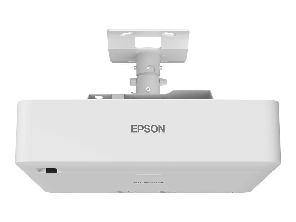 Weißer an der Decke montierter Epson-Projektor, von unten betrachtet, auf einer Halterung gegen einen einfachen Hintergrund.