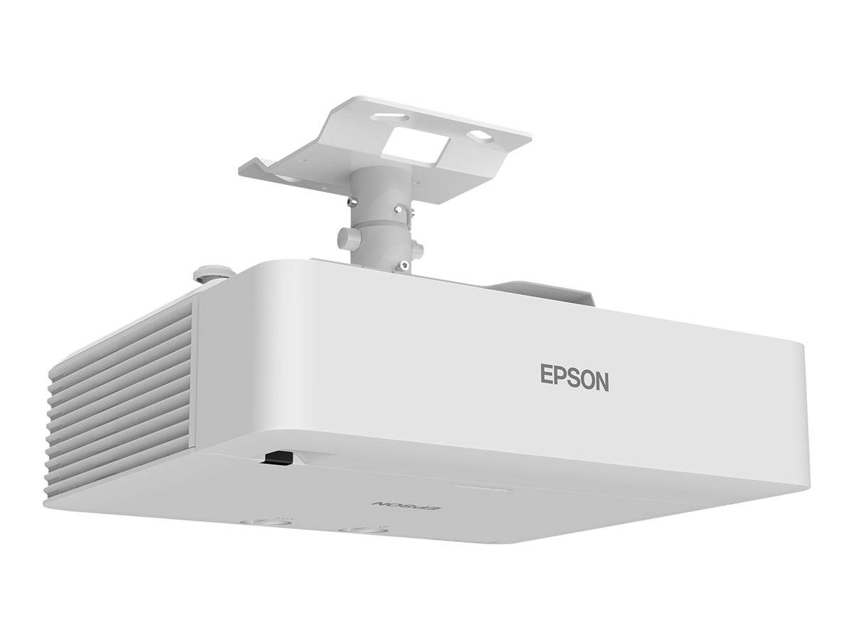 Weißer Epson-Deckenprojektor, von unten auf einer Halterung vor einem einfachen Hintergrund gezeigt.