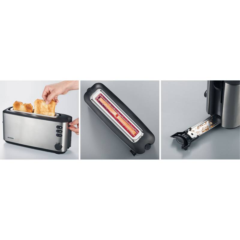 Eine Person legt zwei Scheiben Brot in einen Toaster aus Edelstahl. Die nächsten Bilder zeigen die Heizelemente des Toasters und den herausnehmbaren Krümelfang.
