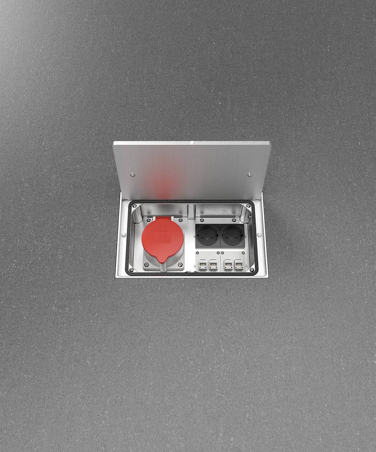 Bodensteckdose/ Bodentank 8314A; 2x Schuko, 2x RJ45 2fach, 1x CEE 5/32A 400V,