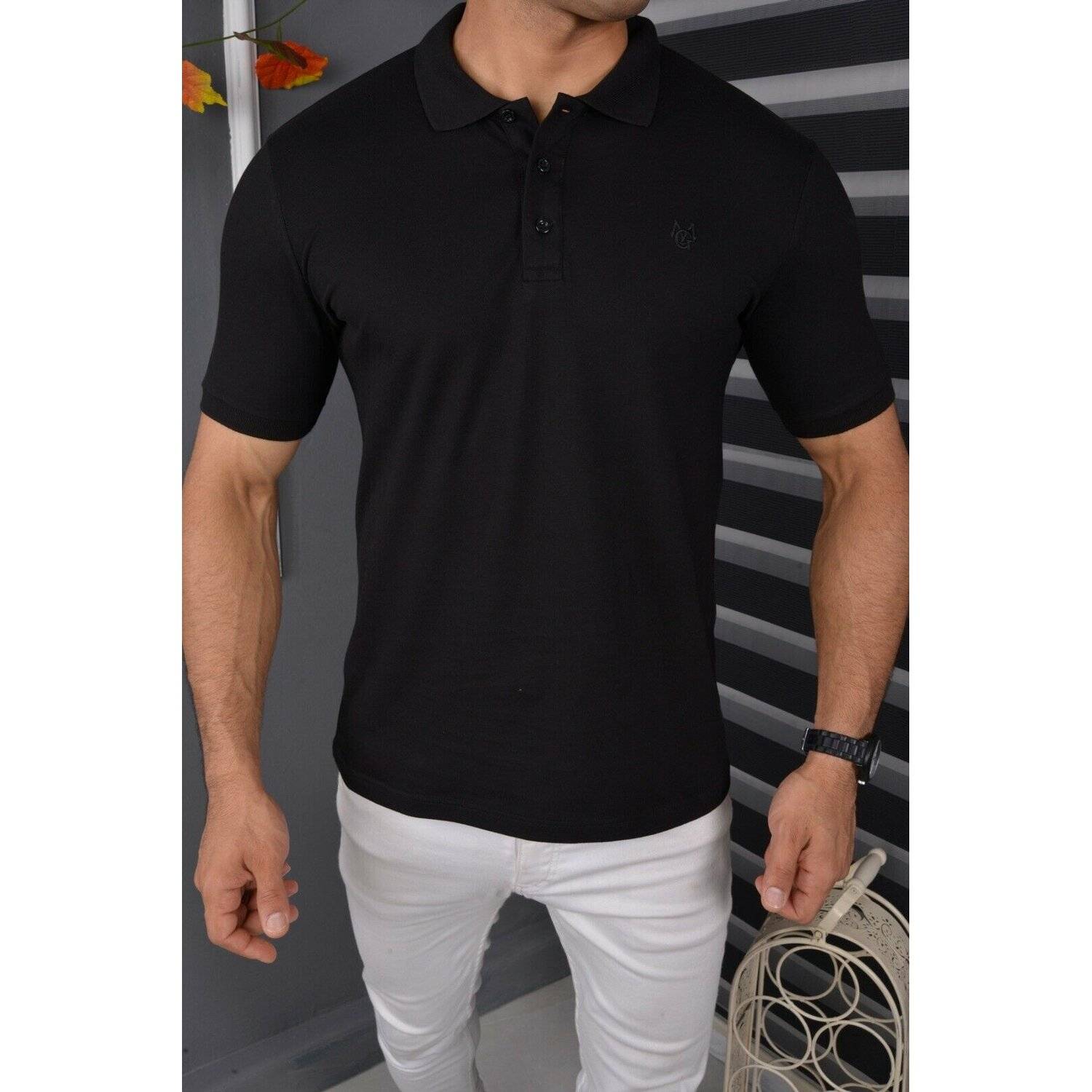 Megaman Poloshirt Herren Polohemd mit Kragen Kurzarm Premium T-Shirt Freizeit Slim Fit Basic Baumwolle Größe 2XL Schwarz