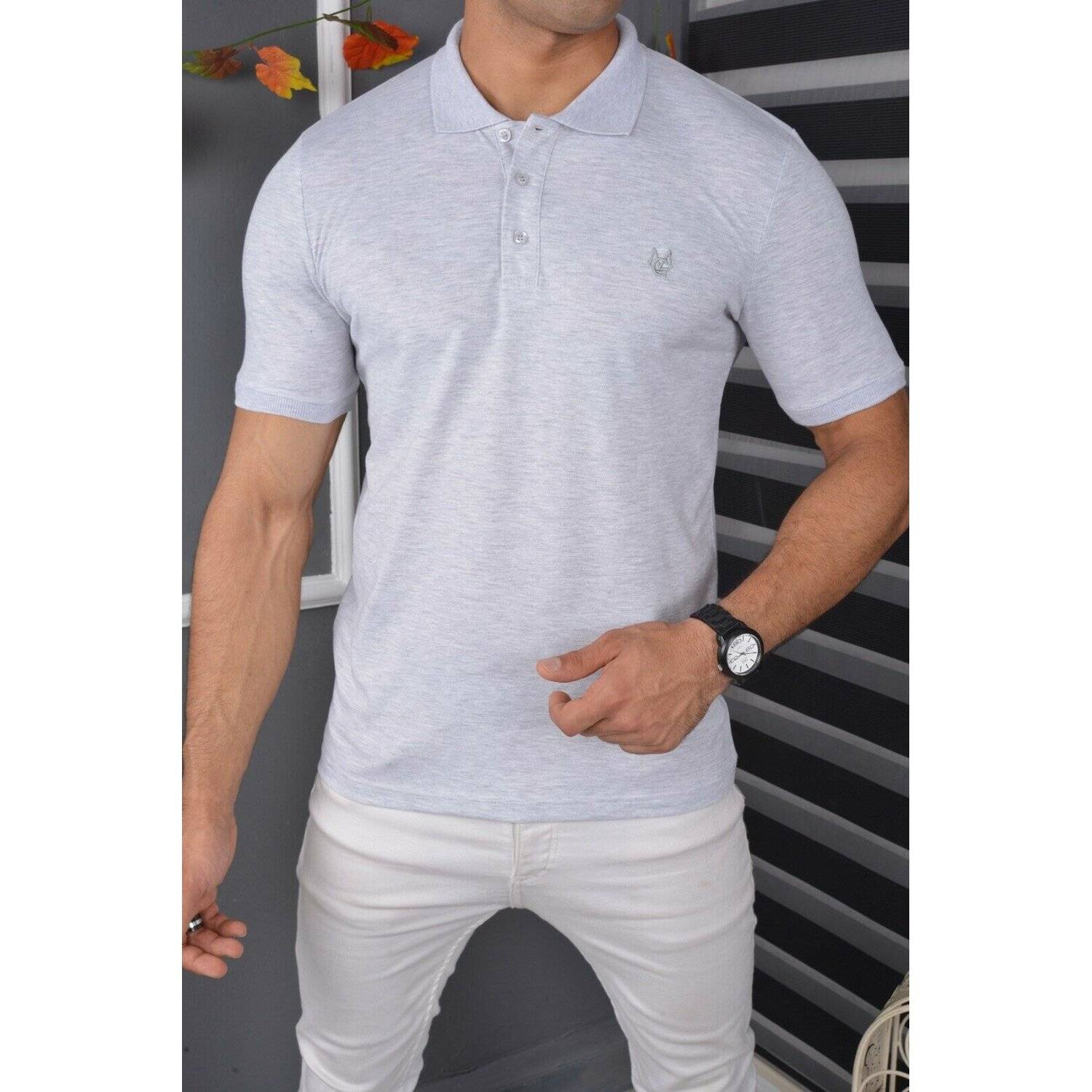 Megaman Poloshirt Herren Polohemd mit Kragen Kurzarm Premium T-Shirt Freizeit Slim Fit Basic Baumwolle Größe XL Grau