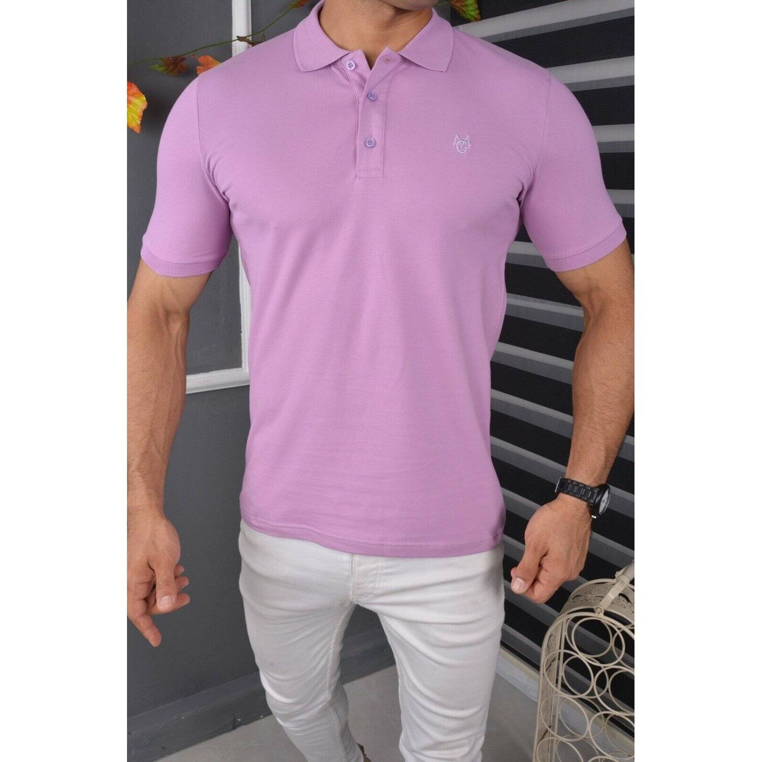 Megaman Poloshirt Herren Polohemd mit Kragen Kurzarm Premium T-Shirt Freizeit Slim Fit Basic Baumwolle Größe XL Lila