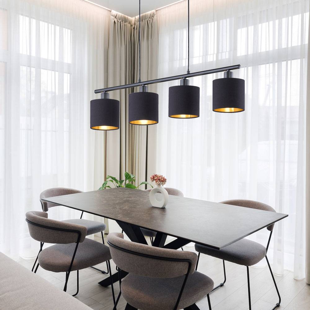 Deckenleuchte Hängelampe Pendel-Beleuchtung Schwarz-Gold Textil-Schirm Wohn- Schlaf- Ess- Zimmer Küche Höhe 150CM Länge 75CM