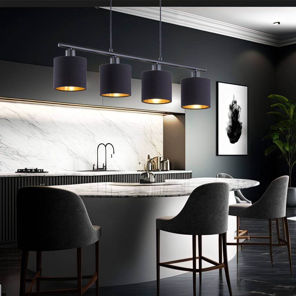 Deckenleuchte Hängelampe Pendel-Beleuchtung Schwarz-Gold Textil-Schirm Wohn- Schlaf- Ess- Zimmer Küche Höhe 150CM Länge 75CM