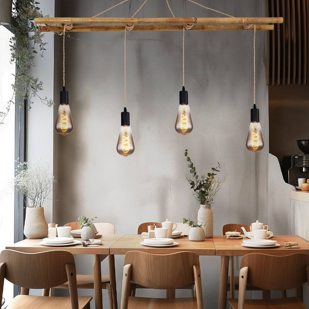 Pendelleuchte Bambus Hängeleuchte Landhaus Stil Pendellampe Bambus Leiter, Hanfseil naturfarben, 4x E27, Lx H 120 x 160 cm