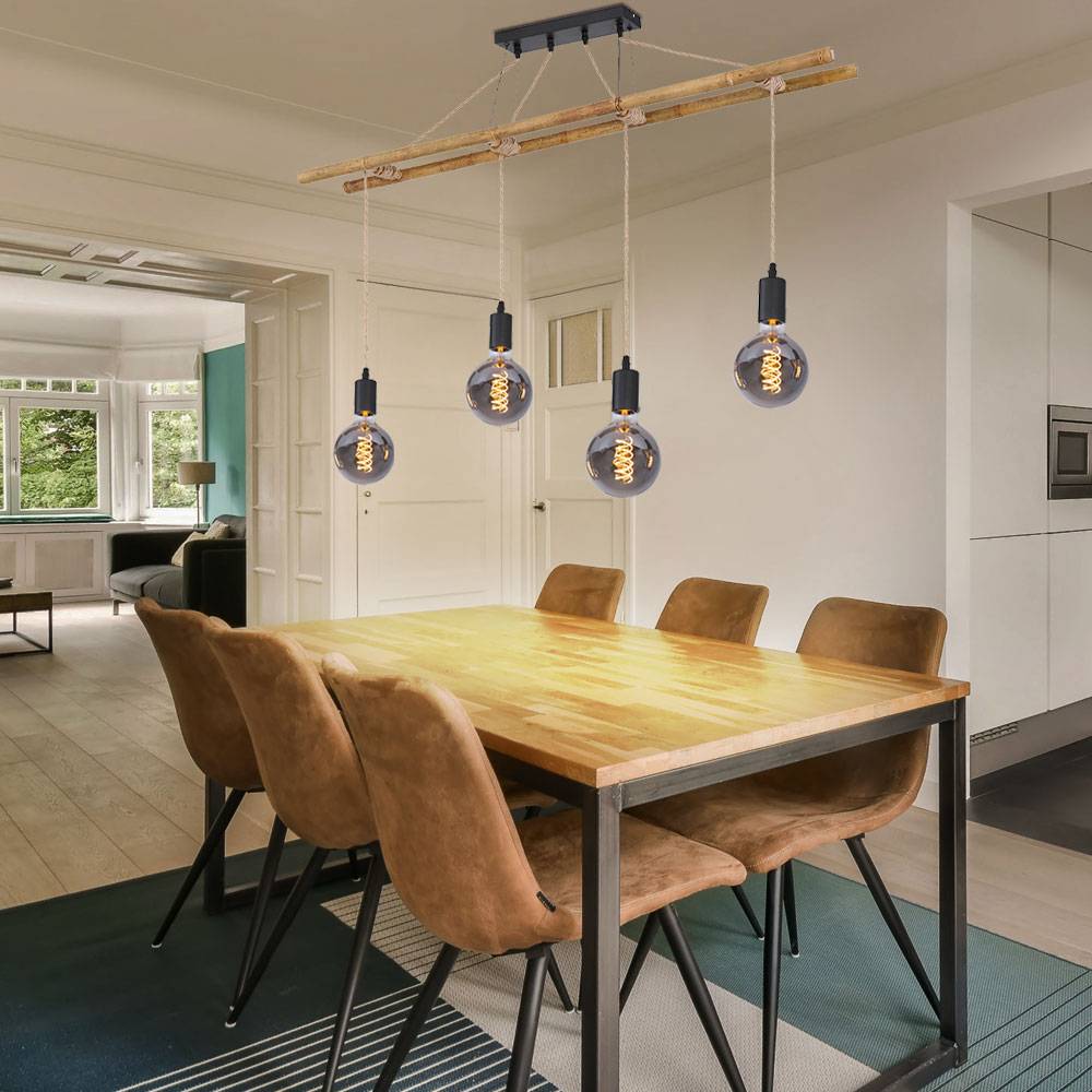 Pendelleuchte Bambus Hängeleuchte Landhaus Stil Pendellampe Bambus Leiter, Hanfseil naturfarben, 4x E27, Lx H 120 x 160 cm